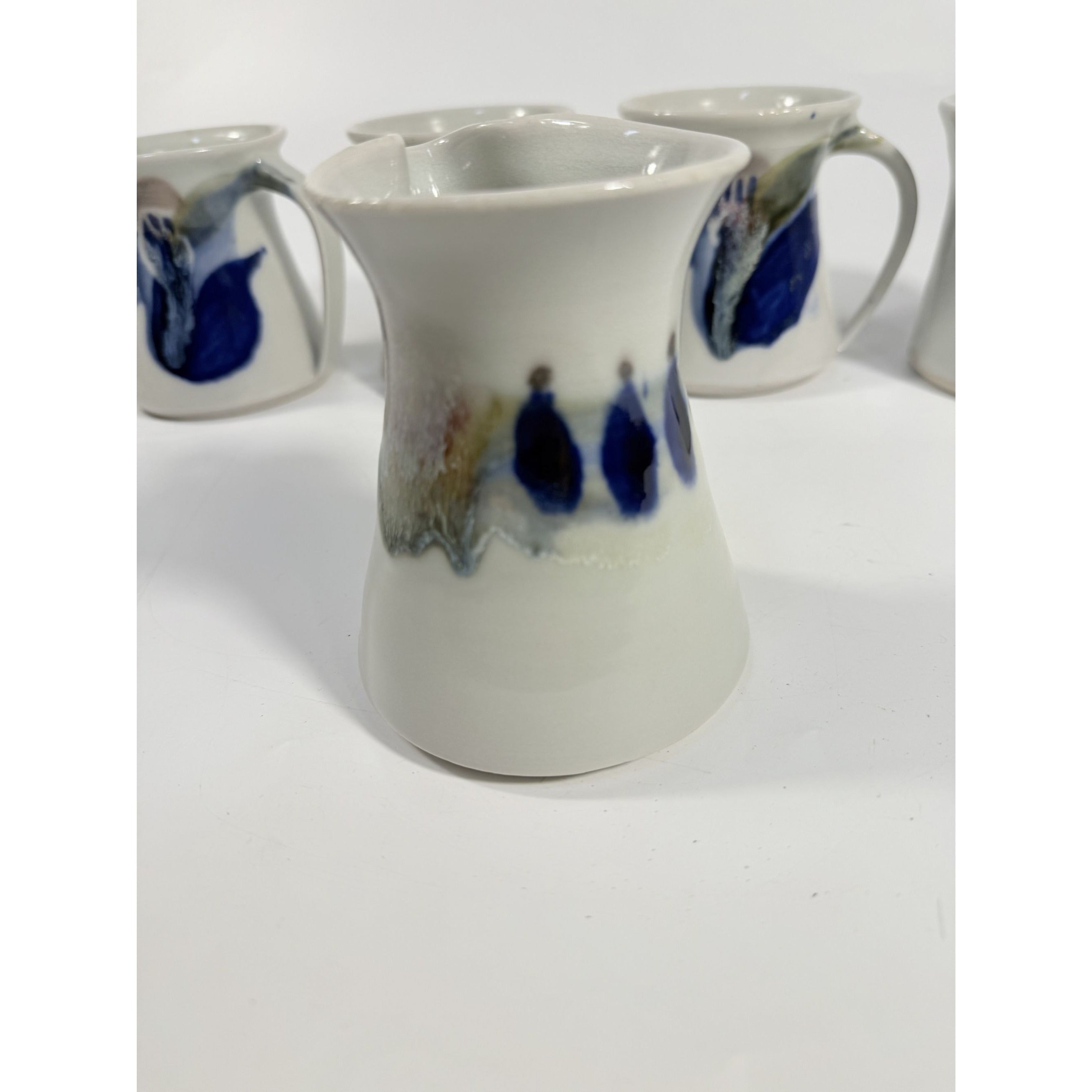 Pottery Mugs Set 4 Creamer Ardens Hill North Carolina Ceramics Vintage Hand Thrown Drip Glaze Design Replacement China Cream Blue Earthtone