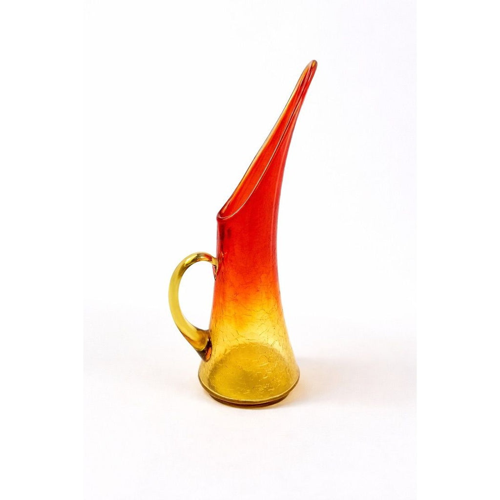 Swung Vase Crackle Pitcher | Kanawha Amberina Vintage Mid Century Glassware Collectible Crackled Retro Art Glass Hand Blown Handle Collector