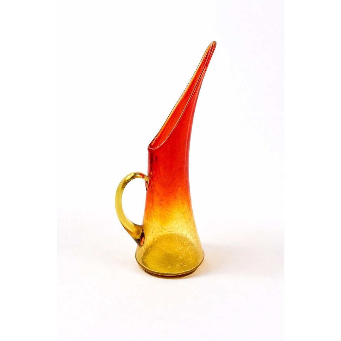 Swung Vase Crackle Pitcher | Kanawha Amberina Vintage Mid Century Glassware Collectible Crackled Retro Art Glass Hand Blown Handle Collector