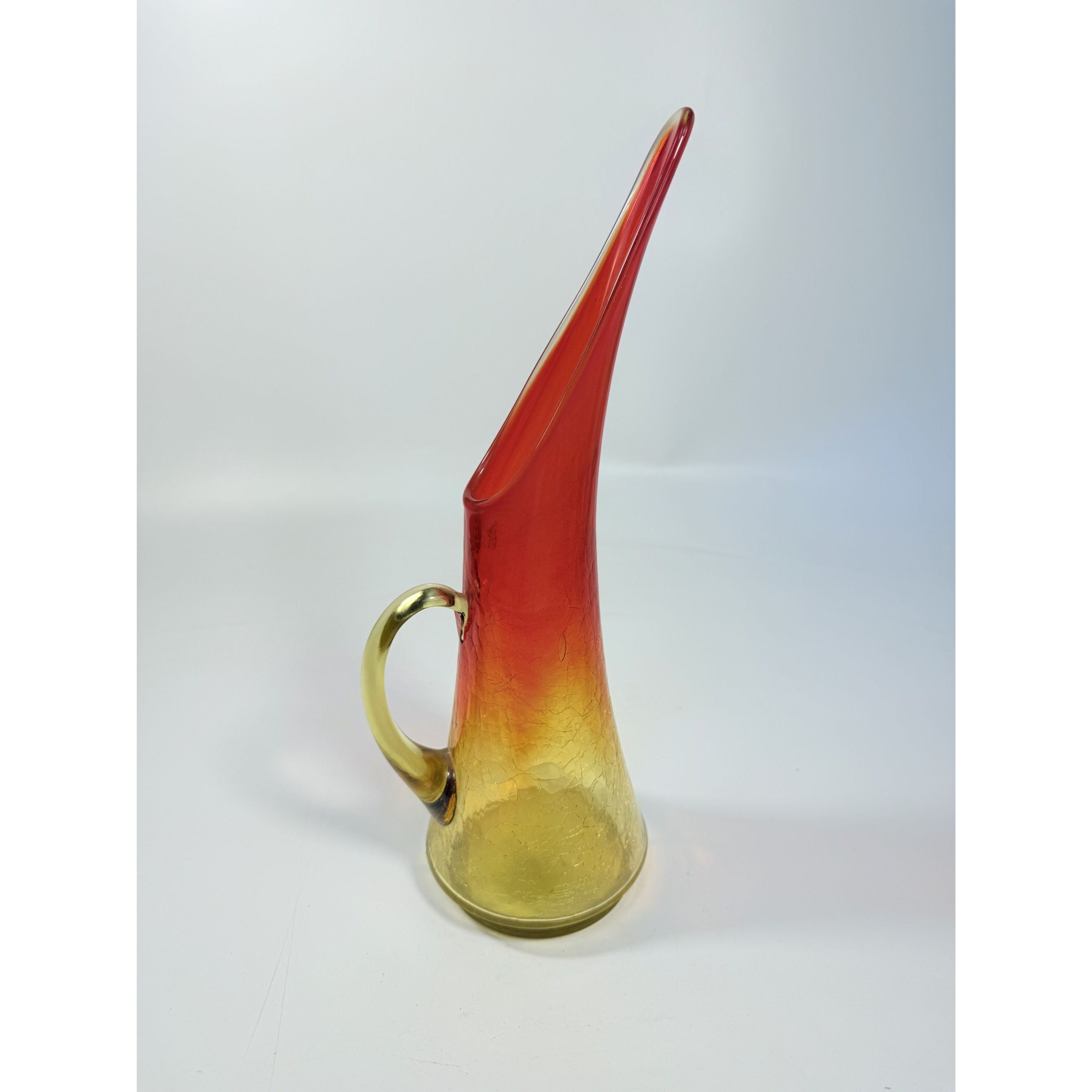 Swung Vase Crackle Pitcher | Kanawha Amberina Vintage Mid Century Glassware Collectible Crackled Retro Art Glass Hand Blown Handle Collector