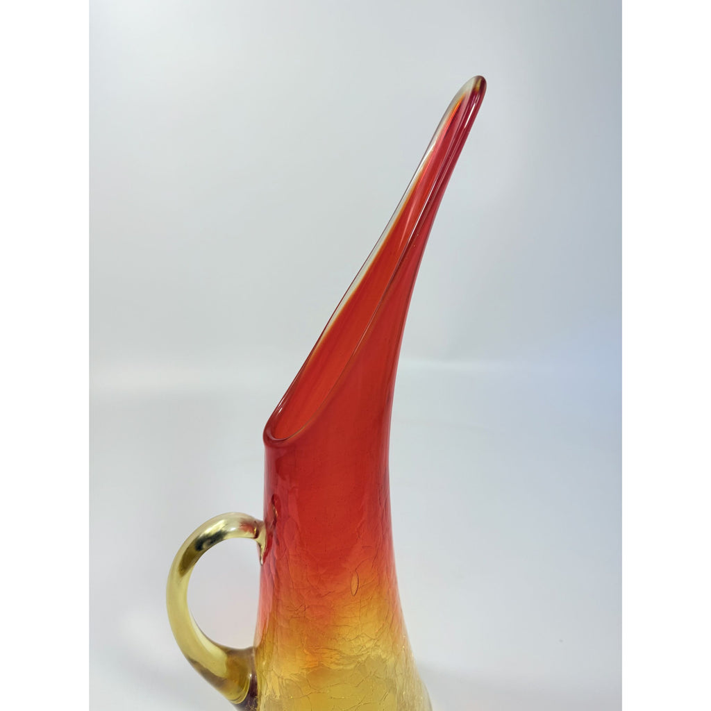Swung Vase Crackle Pitcher | Kanawha Amberina Vintage Mid Century Glassware Collectible Crackled Retro Art Glass Hand Blown Handle Collector