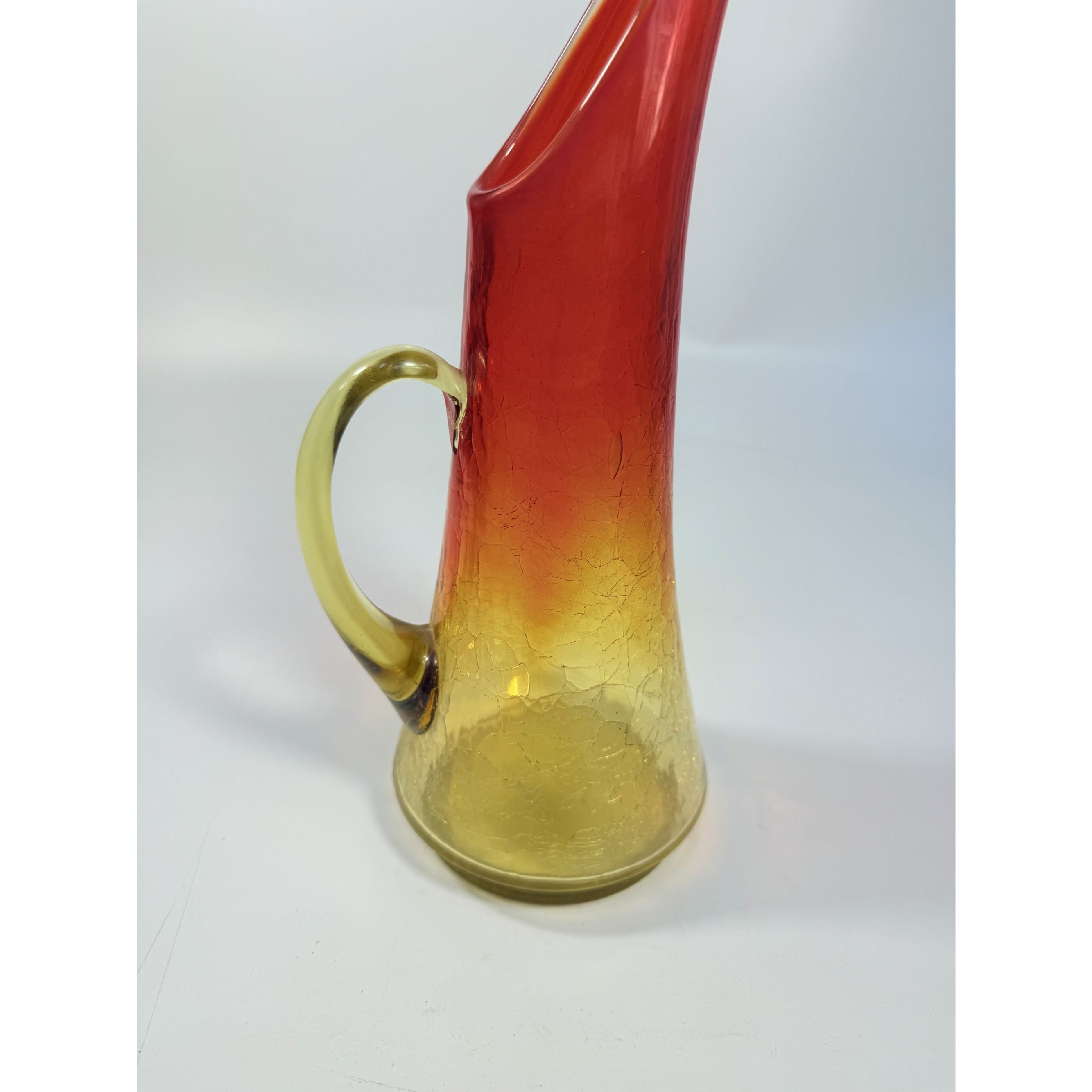 Swung Vase Crackle Pitcher | Kanawha Amberina Vintage Mid Century Glassware Collectible Crackled Retro Art Glass Hand Blown Handle Collector