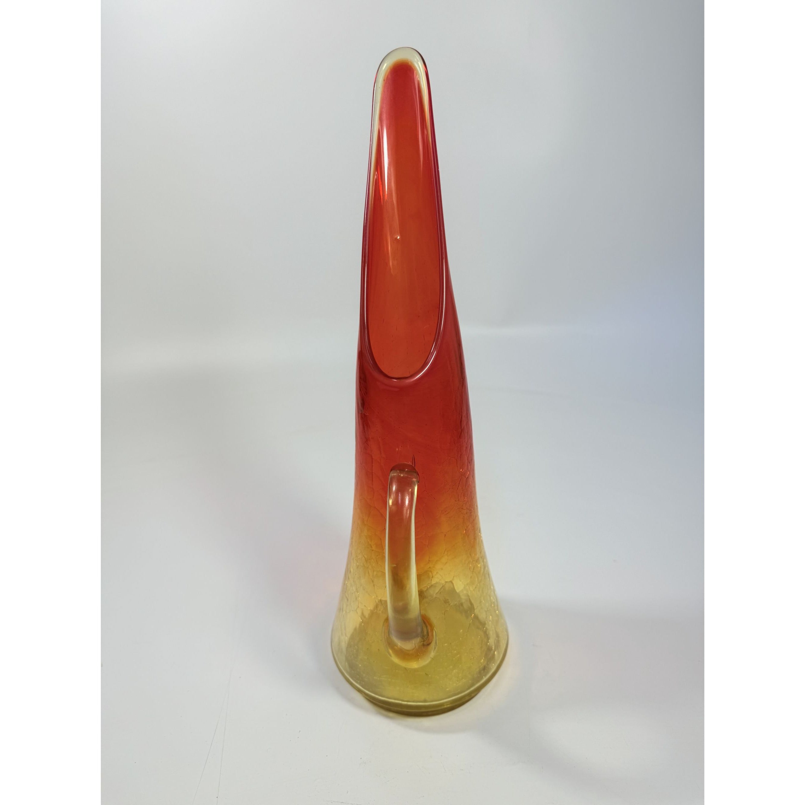 Swung Vase Crackle Pitcher | Kanawha Amberina Vintage Mid Century Glassware Collectible Crackled Retro Art Glass Hand Blown Handle Collector