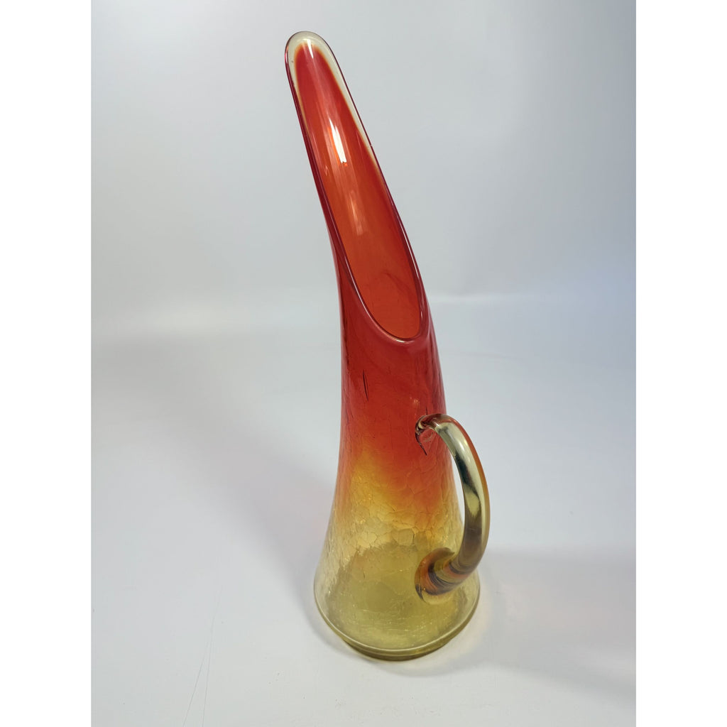 Swung Vase Crackle Pitcher | Kanawha Amberina Vintage Mid Century Glassware Collectible Crackled Retro Art Glass Hand Blown Handle Collector