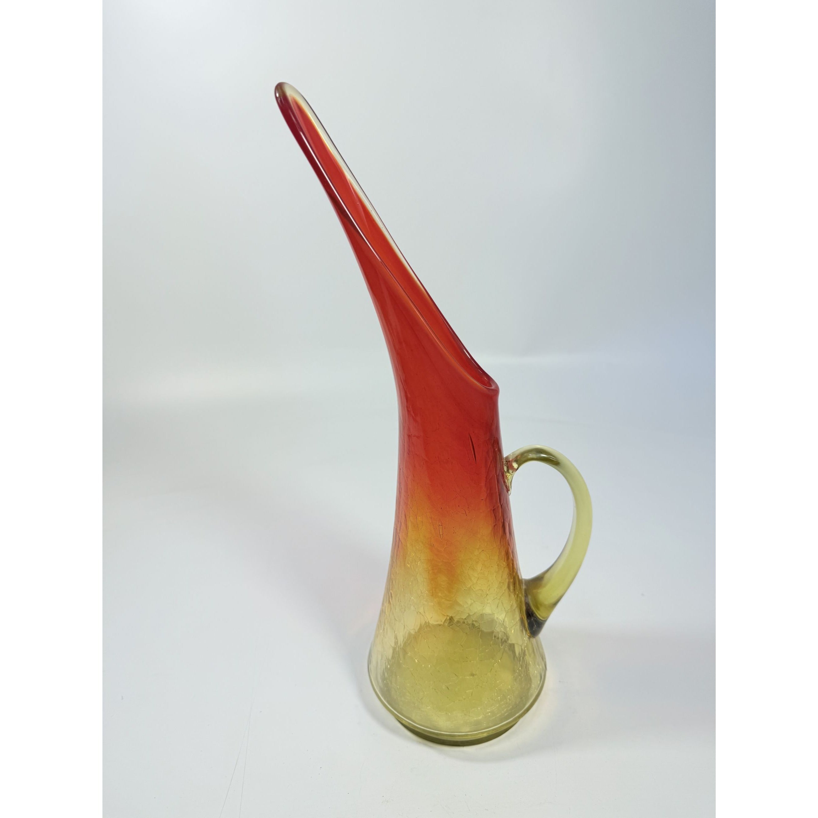 Swung Vase Crackle Pitcher | Kanawha Amberina Vintage Mid Century Glassware Collectible Crackled Retro Art Glass Hand Blown Handle Collector