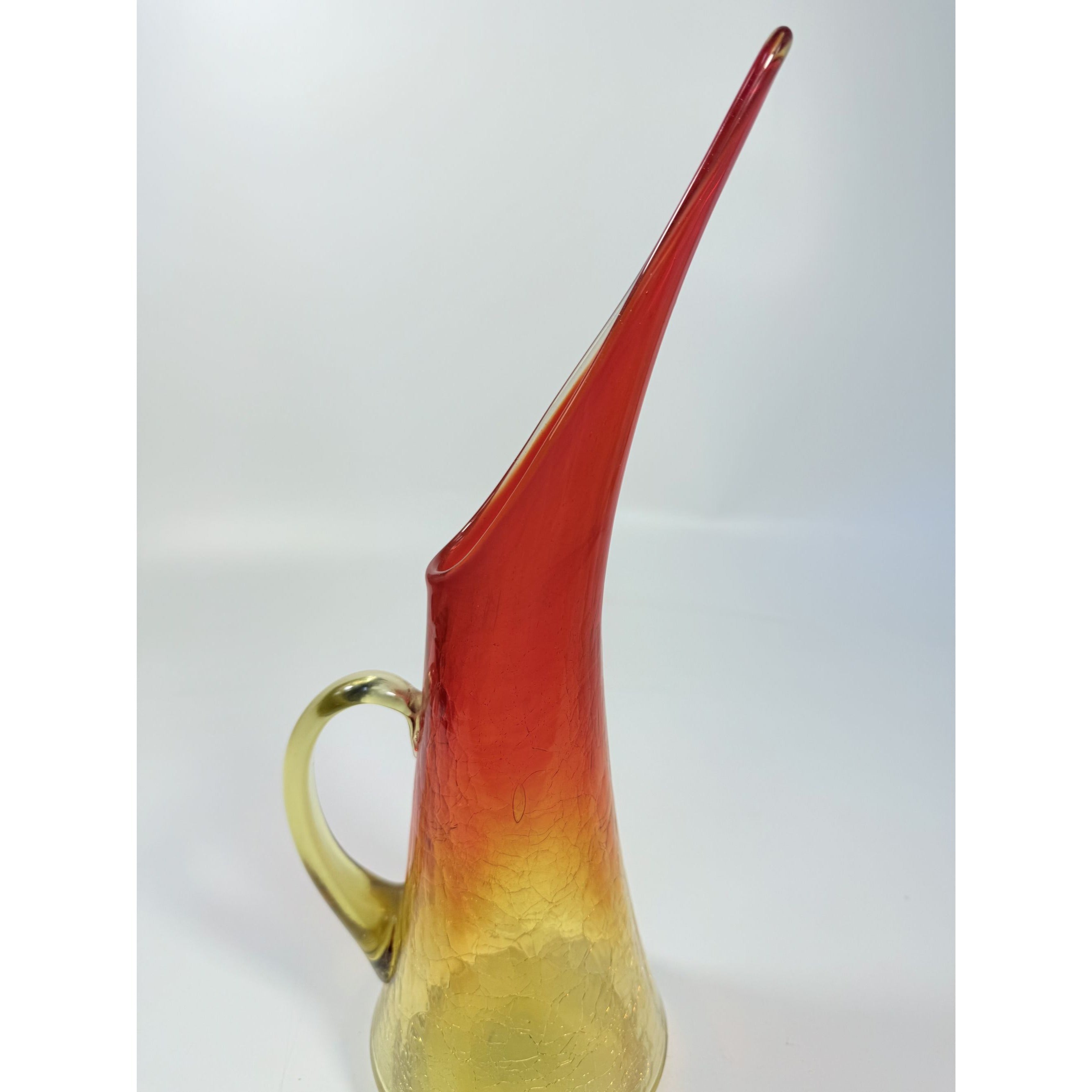 Swung Vase Crackle Pitcher | Kanawha Amberina Vintage Mid Century Glassware Collectible Crackled Retro Art Glass Hand Blown Handle Collector