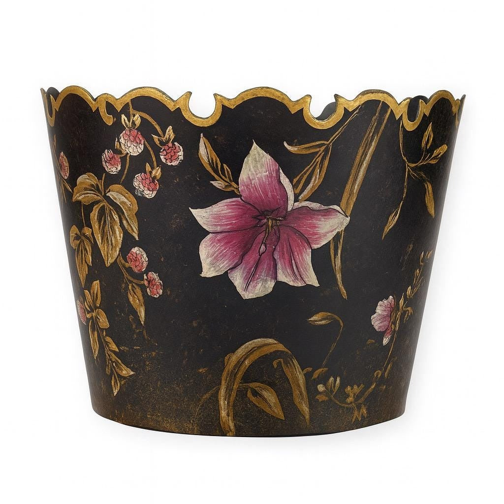 Tole Bin Cache Orchid Pot Planter Hand Painted  Black and Gold Painted Sheet Metal Floral Vintage Traditional Grand Millennial Floral