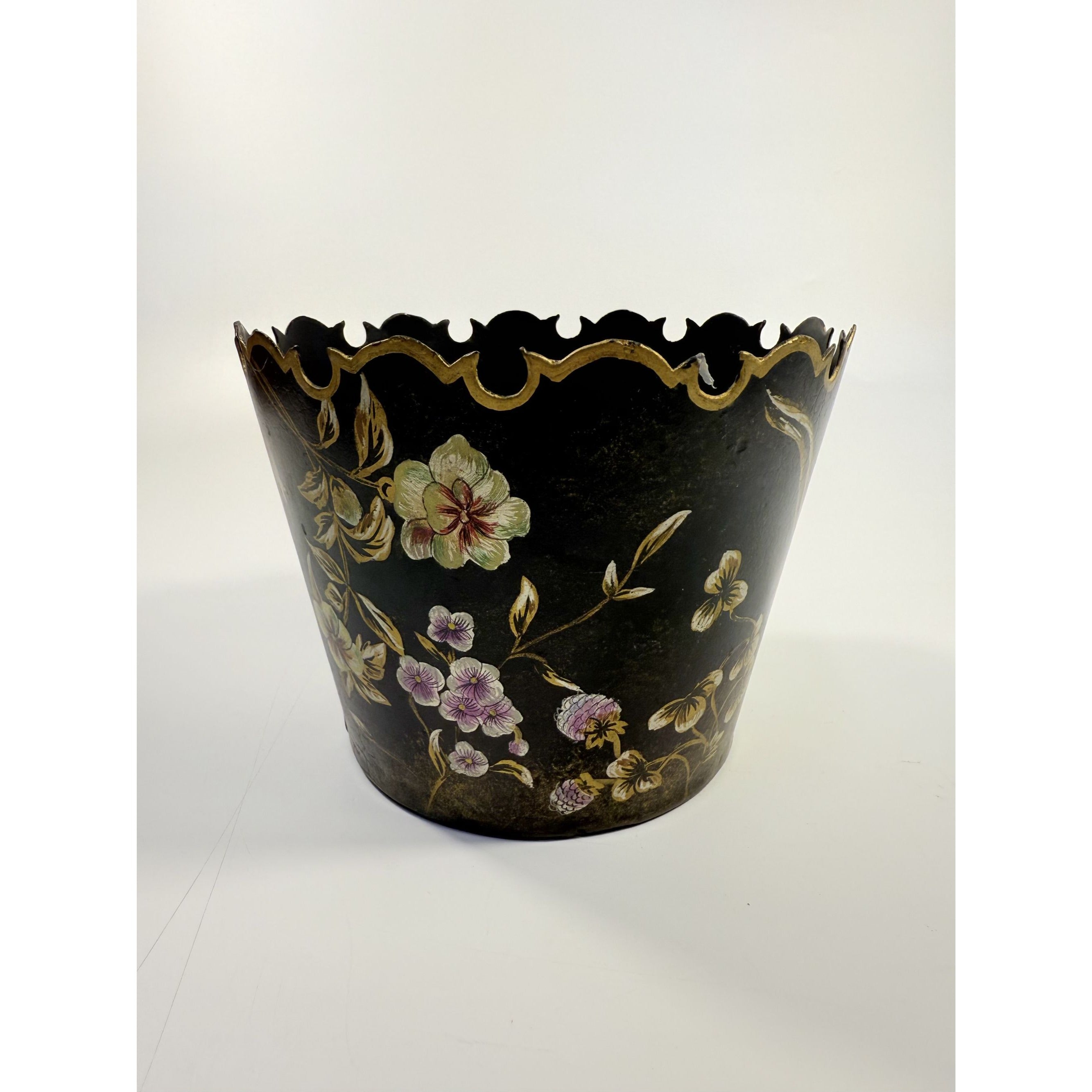 Tole Bin Cache Orchid Pot Planter Hand Painted  Black and Gold Painted Sheet Metal Floral Vintage Traditional Grand Millennial Floral