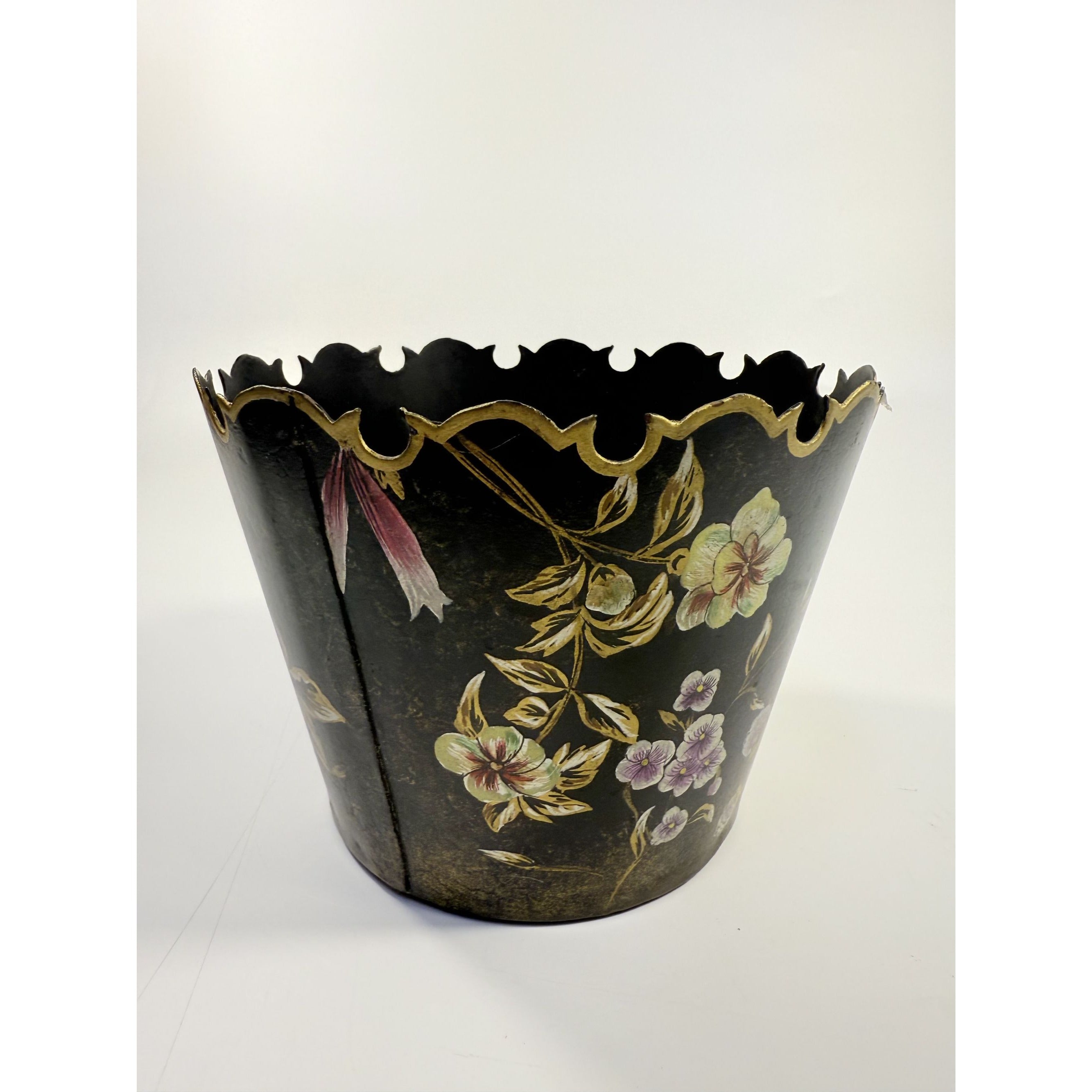 Tole Bin Cache Orchid Pot Planter Hand Painted  Black and Gold Painted Sheet Metal Floral Vintage Traditional Grand Millennial Floral