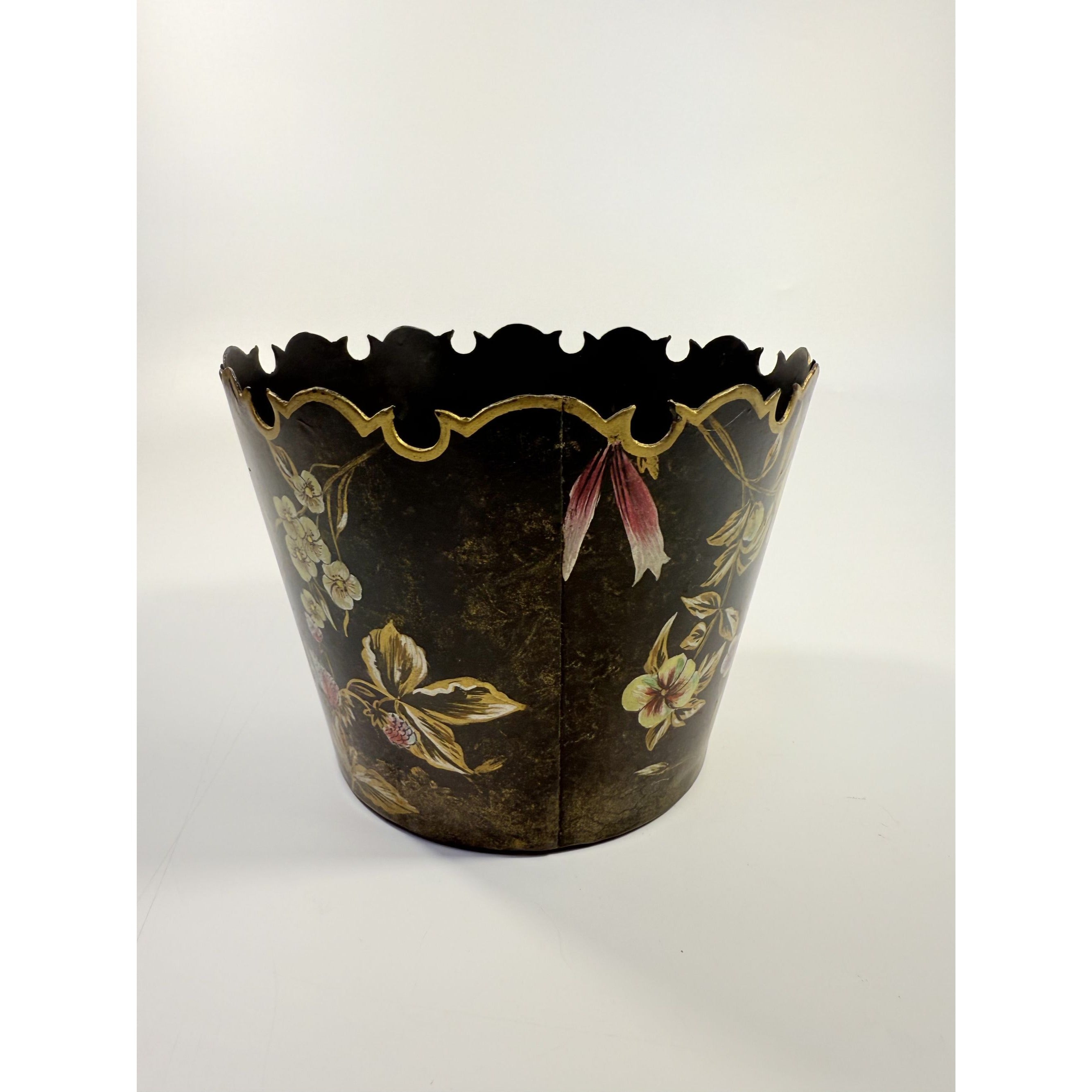 Tole Bin Cache Orchid Pot Planter Hand Painted  Black and Gold Painted Sheet Metal Floral Vintage Traditional Grand Millennial Floral