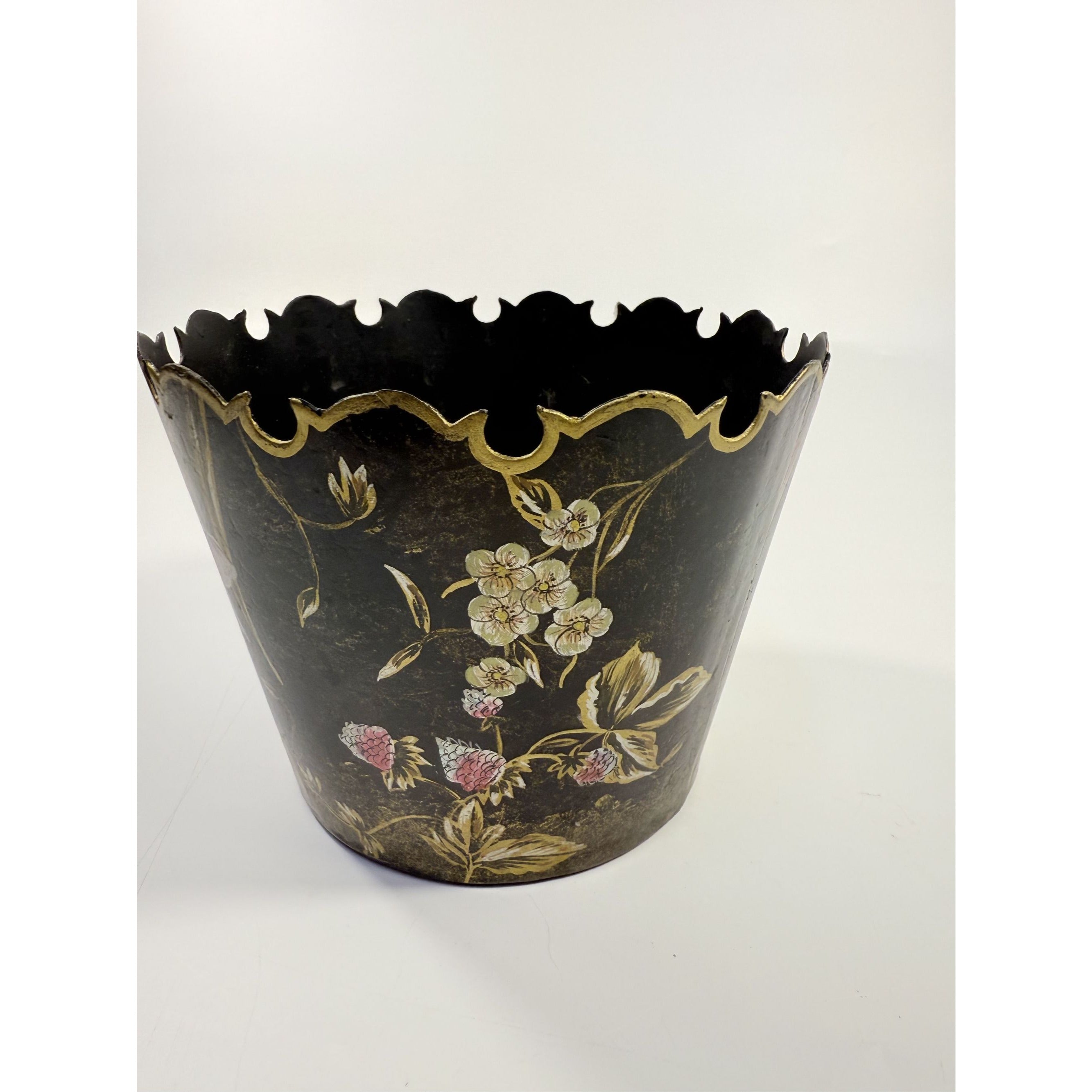 Tole Bin Cache Orchid Pot Planter Hand Painted  Black and Gold Painted Sheet Metal Floral Vintage Traditional Grand Millennial Floral