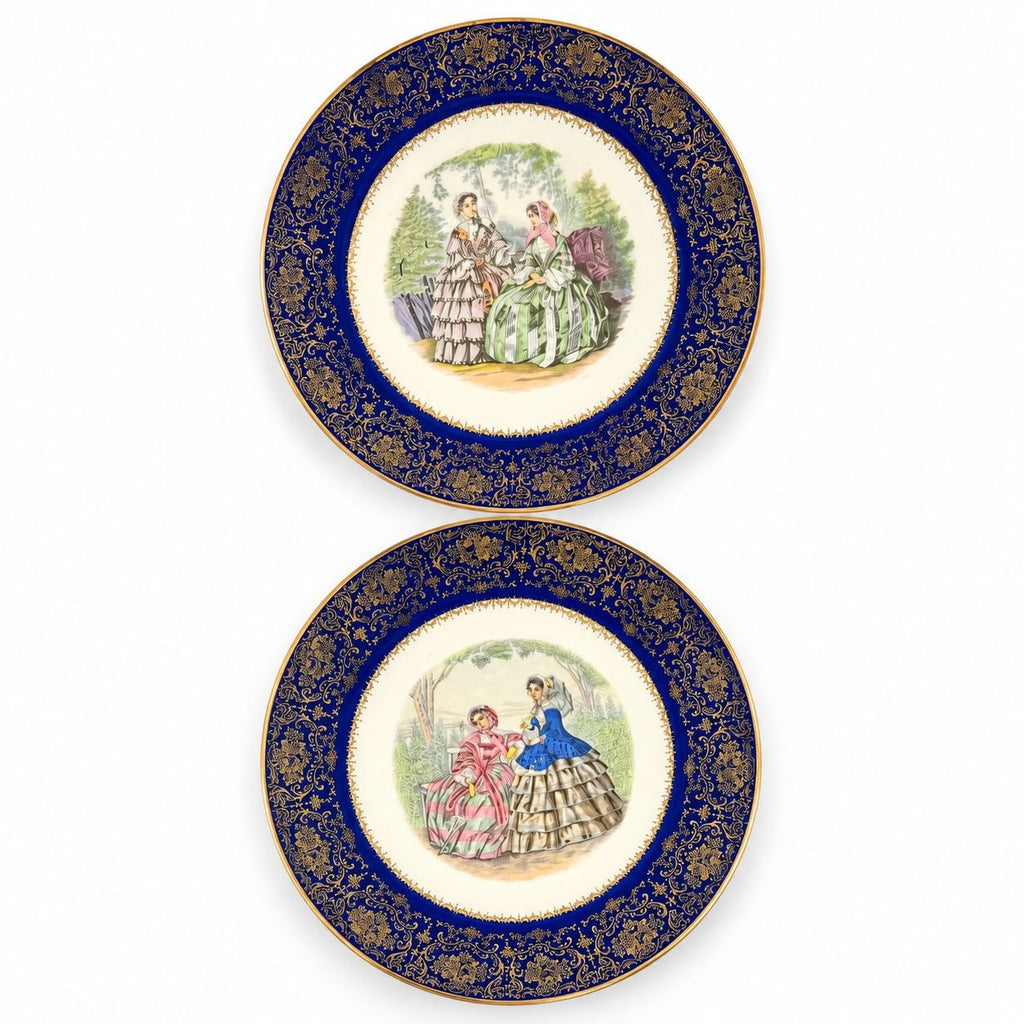 Service Plate Charger Pair Imperial By Salem China Co Godey's Victorian Ladies Fashion Blue 23K GOLD Wall Gallery Decor