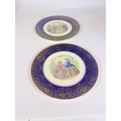 Service Plate Charger Pair Imperial By Salem China Co Godey's Victorian Ladies Fashion Blue 23K GOLD Wall Gallery Decor