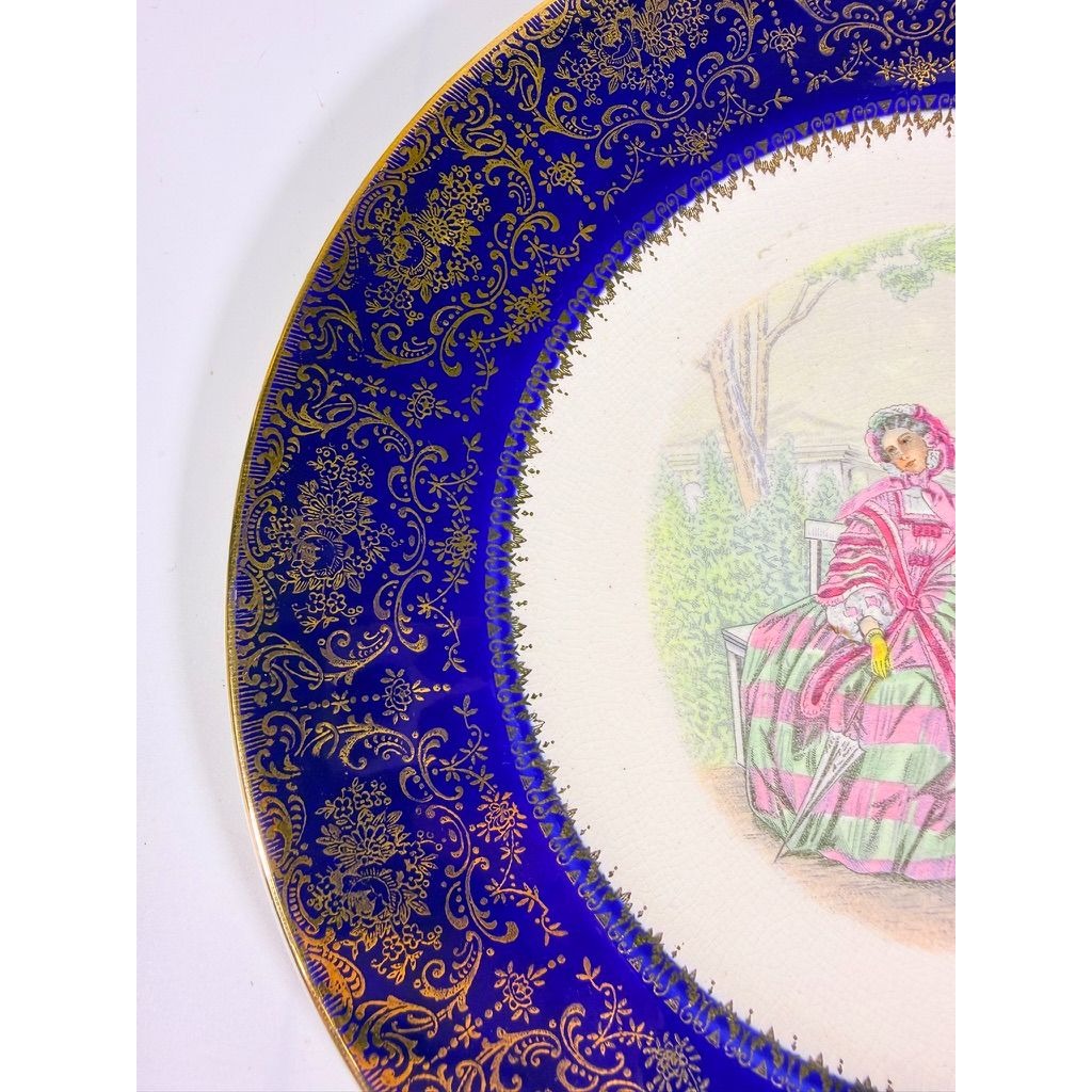 Service Plate Charger Pair Imperial By Salem China Co Godey's Victorian Ladies Fashion Blue 23K GOLD Wall Gallery Decor