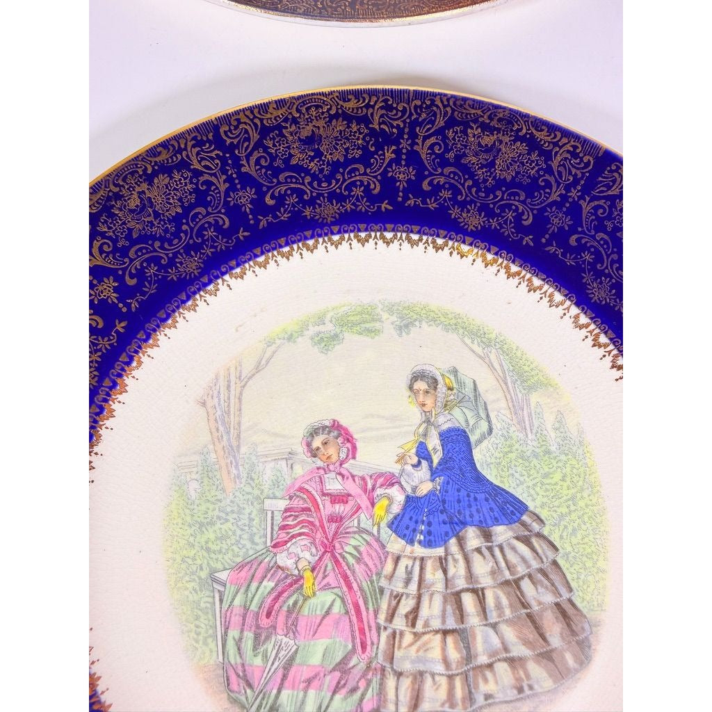 Service Plate Charger Pair Imperial By Salem China Co Godey's Victorian Ladies Fashion Blue 23K GOLD Wall Gallery Decor
