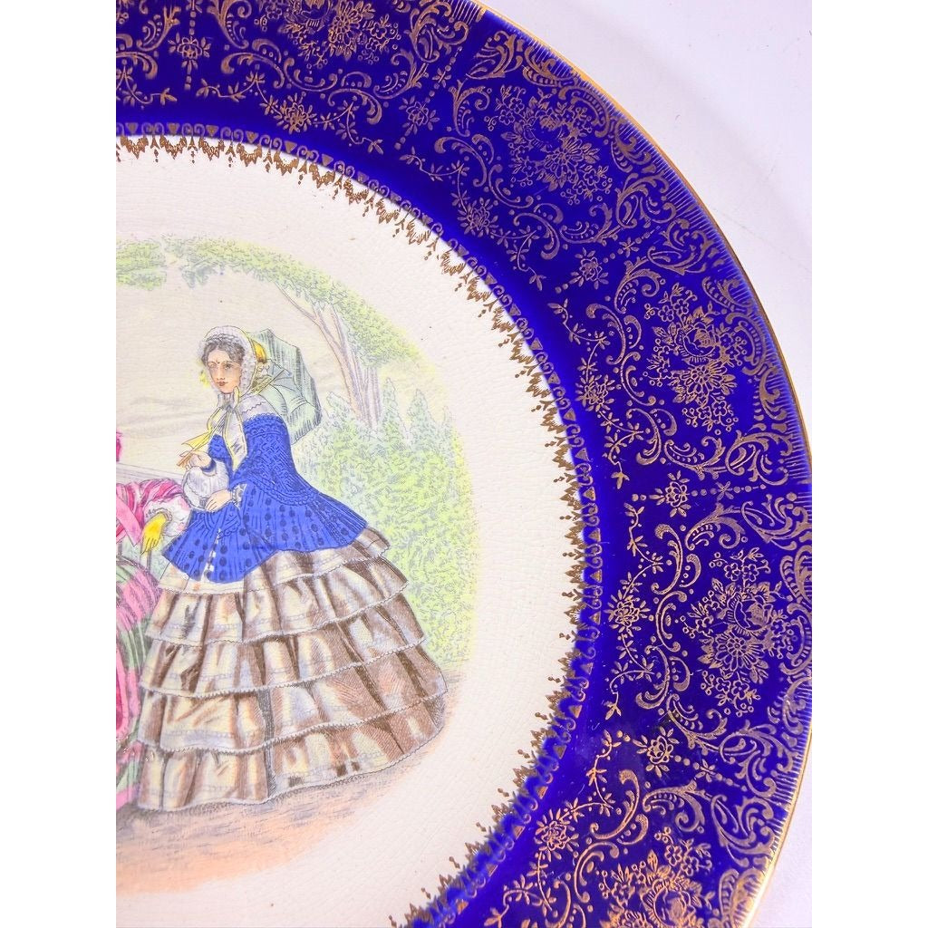 Service Plate Charger Pair Imperial By Salem China Co Godey's Victorian Ladies Fashion Blue 23K GOLD Wall Gallery Decor