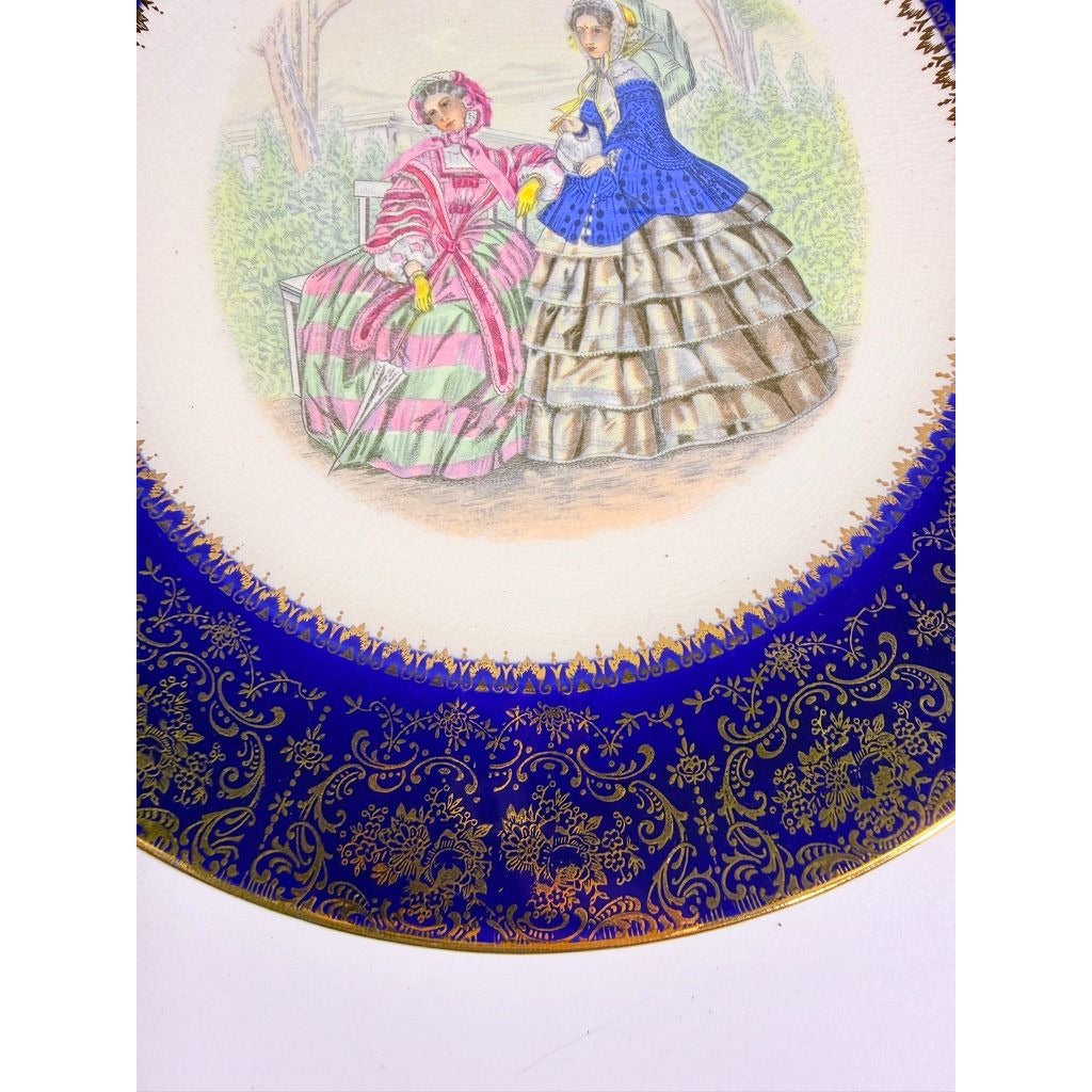 Service Plate Charger Pair Imperial By Salem China Co Godey's Victorian Ladies Fashion Blue 23K GOLD Wall Gallery Decor