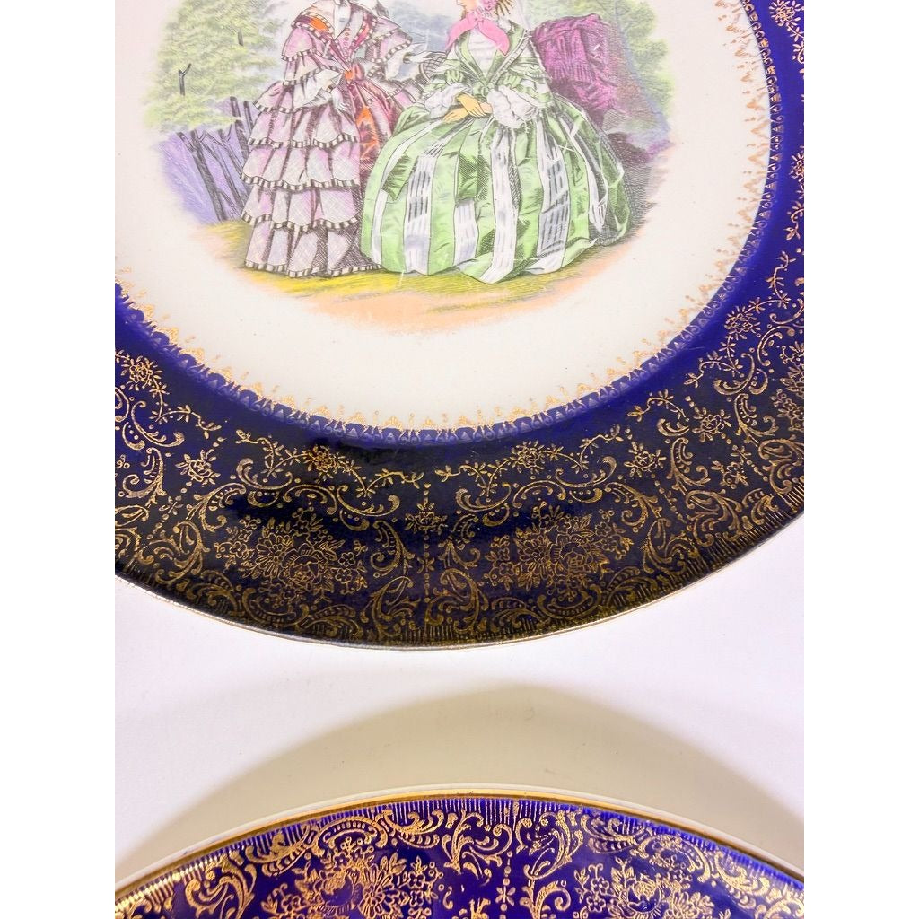 Service Plate Charger Pair Imperial By Salem China Co Godey's Victorian Ladies Fashion Blue 23K GOLD Wall Gallery Decor
