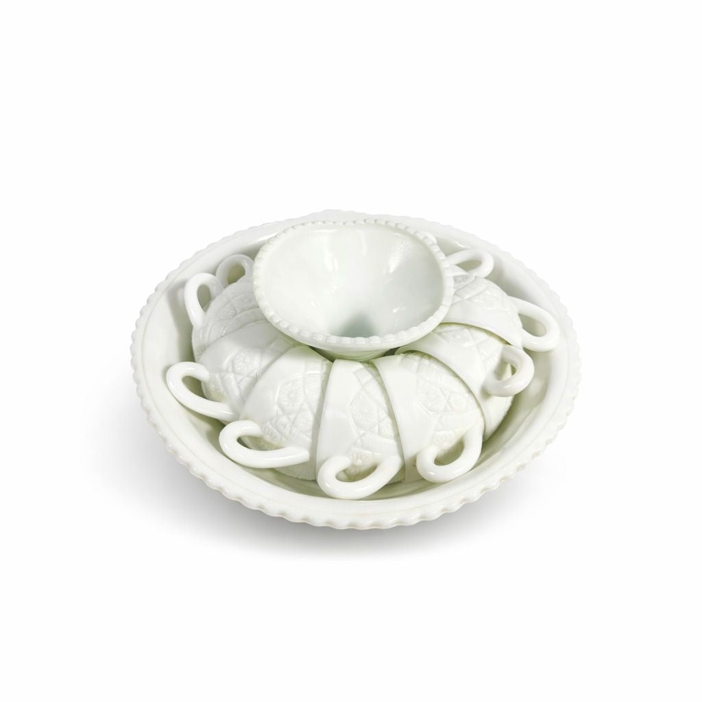 Pedestal Punch Bowl White Milk Glass Daisy and Button Thatcher Mckee Concord 12 Cups Mugs Hostess Party Serving Barware Wedding Vintage