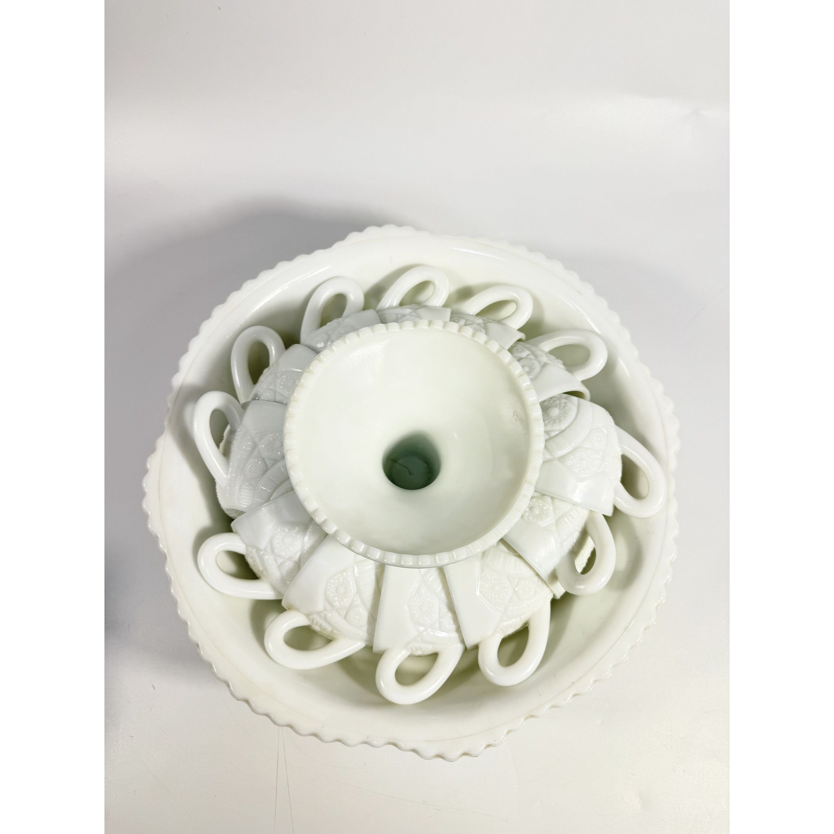 Pedestal Punch Bowl White Milk Glass Daisy and Button Thatcher Mckee Concord 12 Cups Mugs Hostess Party Serving Barware Wedding Vintage