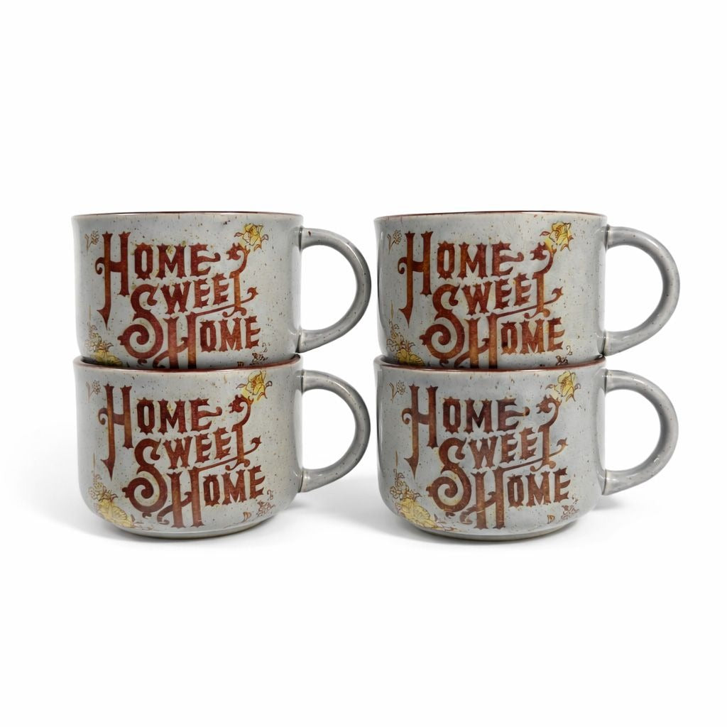 Stoneware Wide Mouth Coffee Mugs Large Soup Mug Set 4 Home Sweet Home Japan Floral Specked  Vintage Farmhouse Cottage Granny Core Pottery