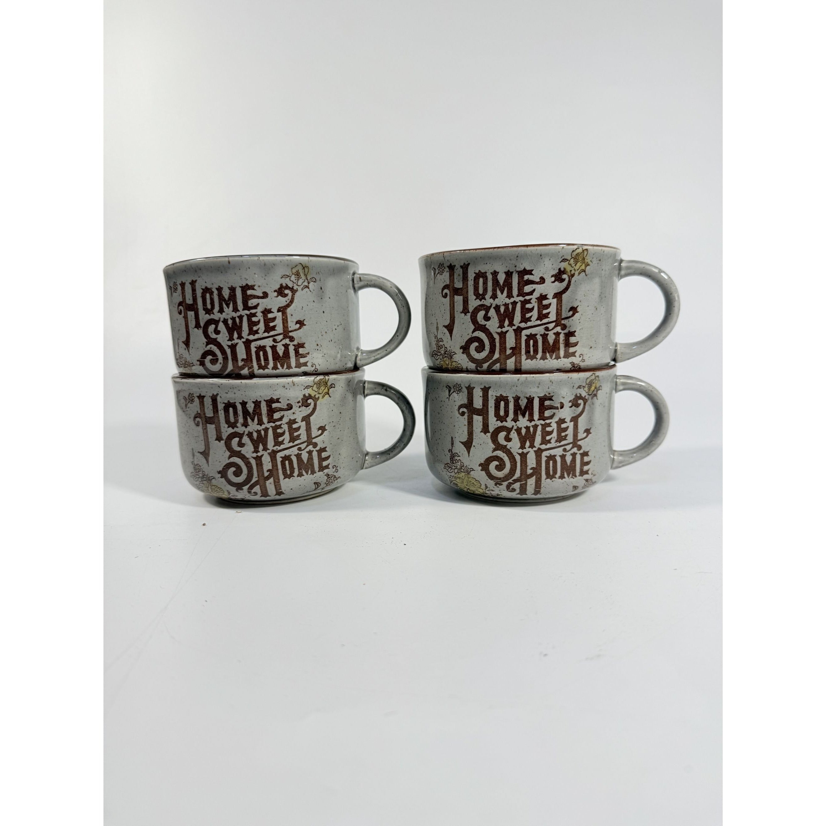 Stoneware Wide Mouth Coffee Mugs Large Soup Mug Set 4 Home Sweet Home Japan Floral Specked  Vintage Farmhouse Cottage Granny Core Pottery