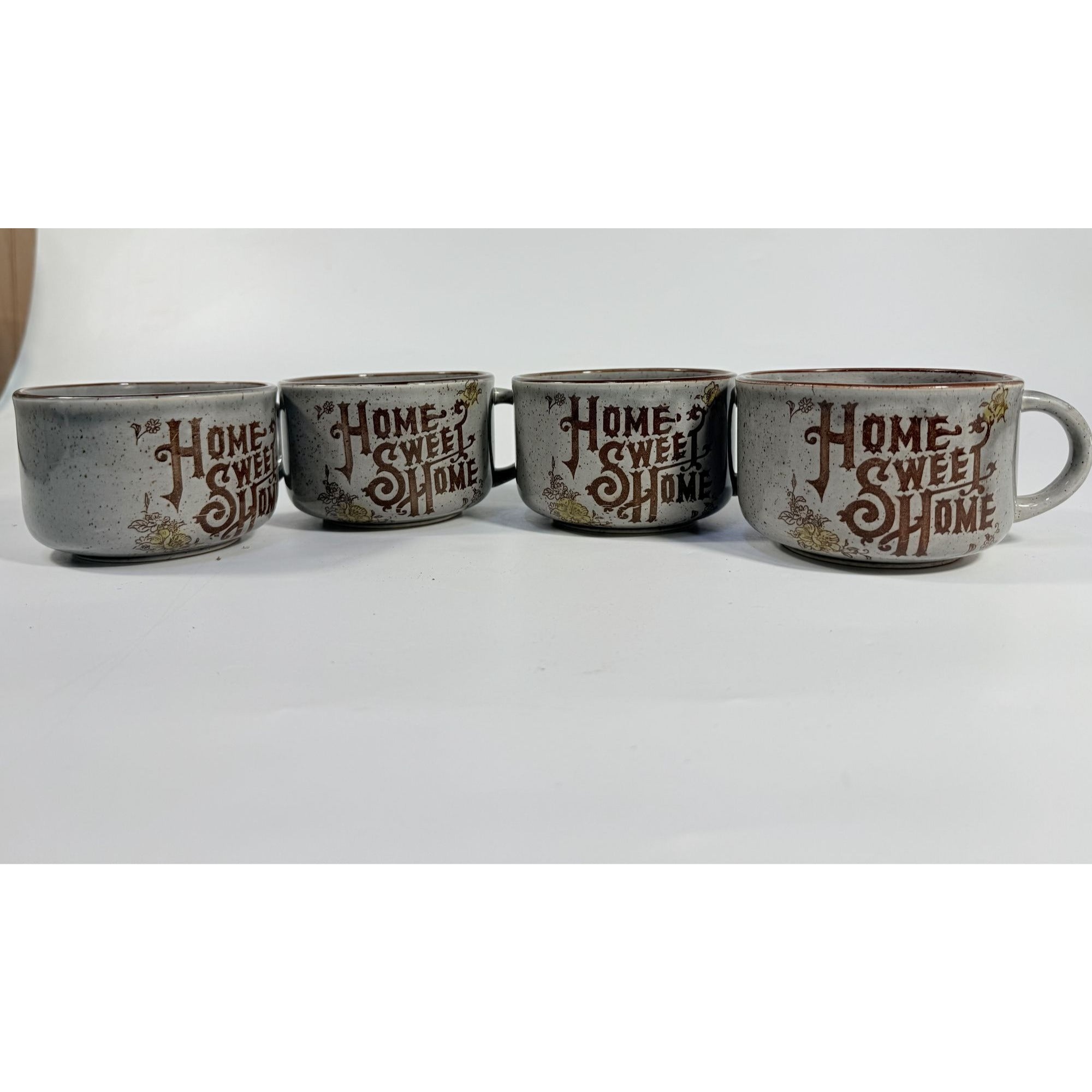 Stoneware Wide Mouth Coffee Mugs Large Soup Mug Set 4 Home Sweet Home Japan Floral Specked  Vintage Farmhouse Cottage Granny Core Pottery