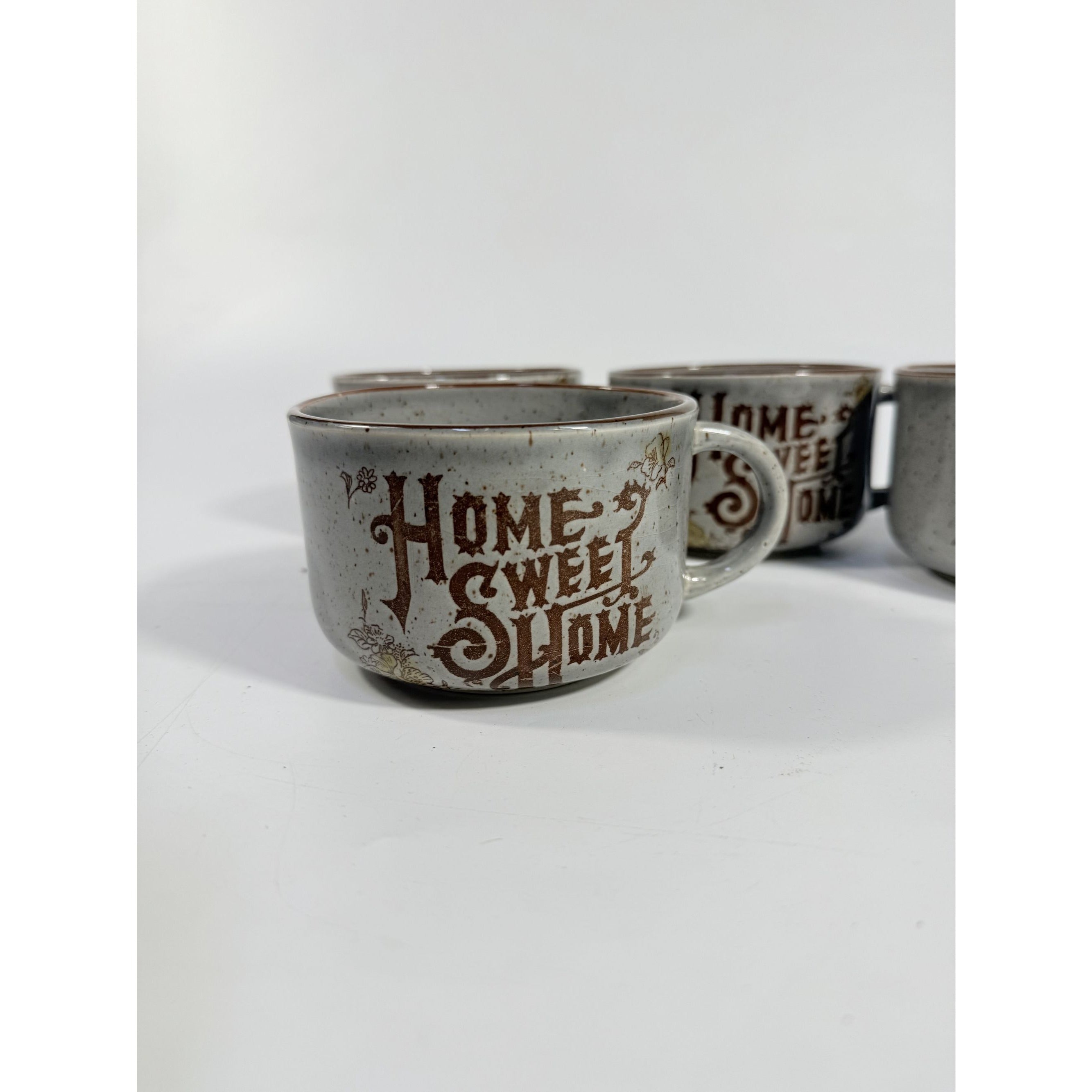 Stoneware Wide Mouth Coffee Mugs Large Soup Mug Set 4 Home Sweet Home Japan Floral Specked  Vintage Farmhouse Cottage Granny Core Pottery