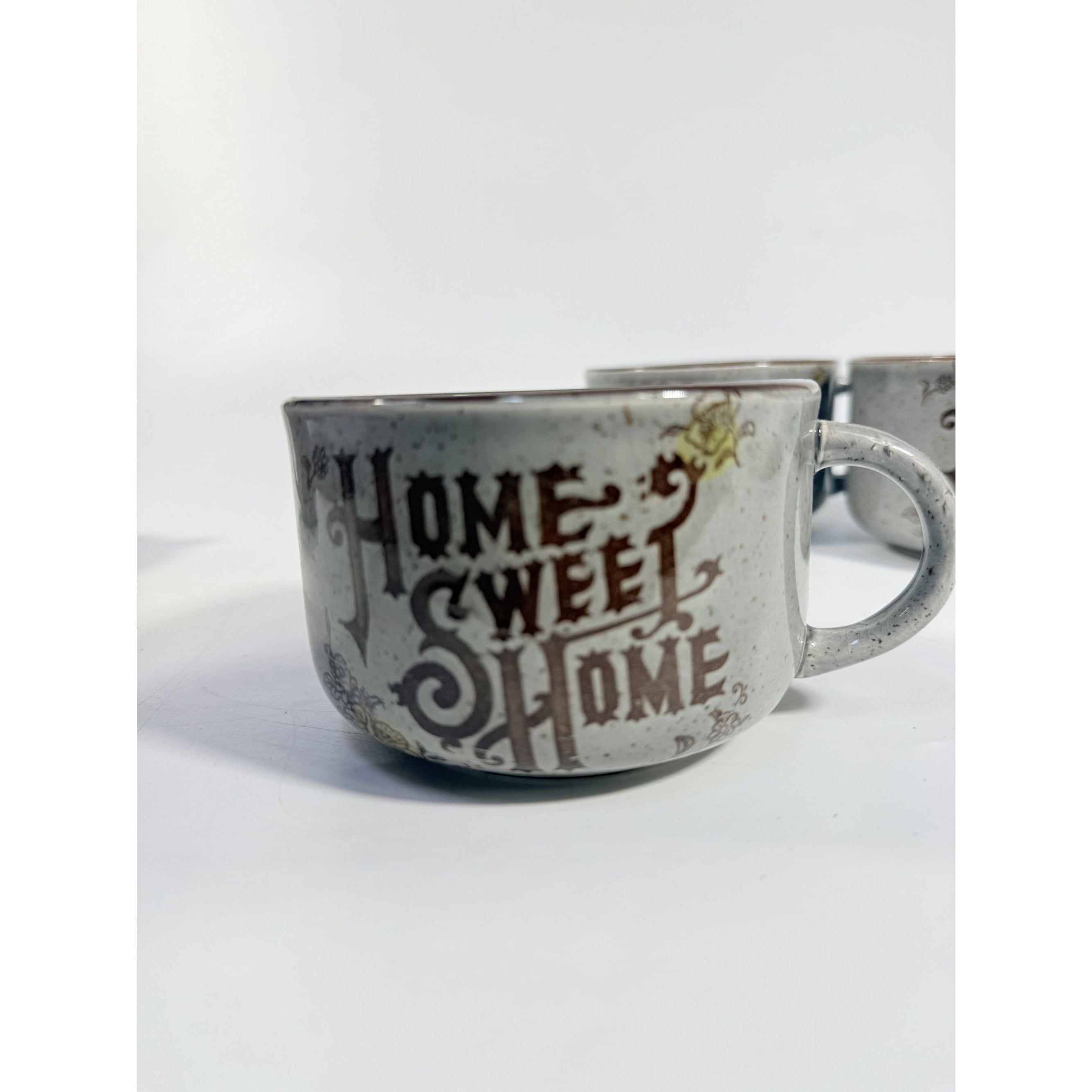 Stoneware Wide Mouth Coffee Mugs Large Soup Mug Set 4 Home Sweet Home Japan Floral Specked  Vintage Farmhouse Cottage Granny Core Pottery