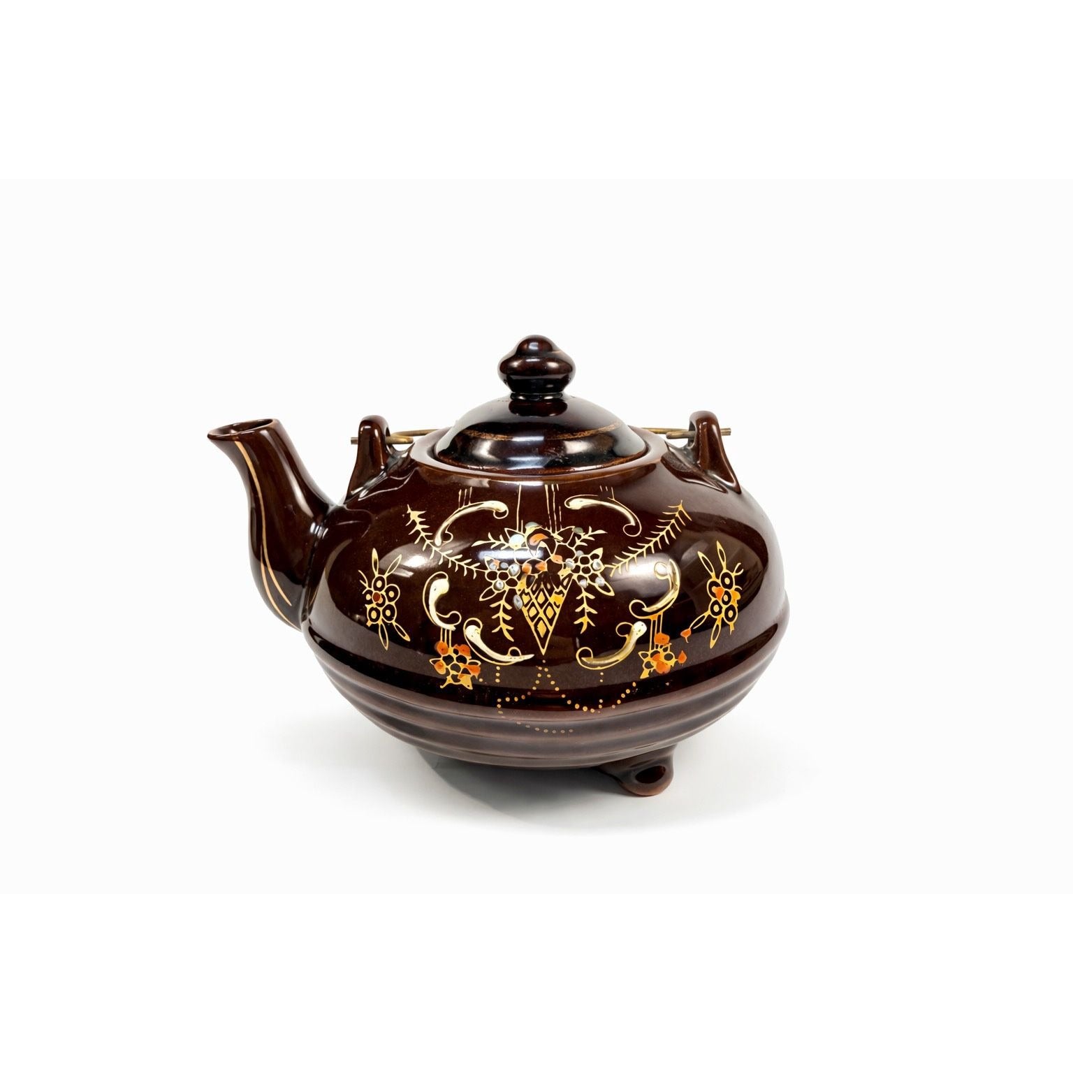Pottery Tea Pot Metal Wire Handle Redware Japan Moriage Hand painted Brown Betty Footed Floral Collectible Kitchenware Granny Cottage Core