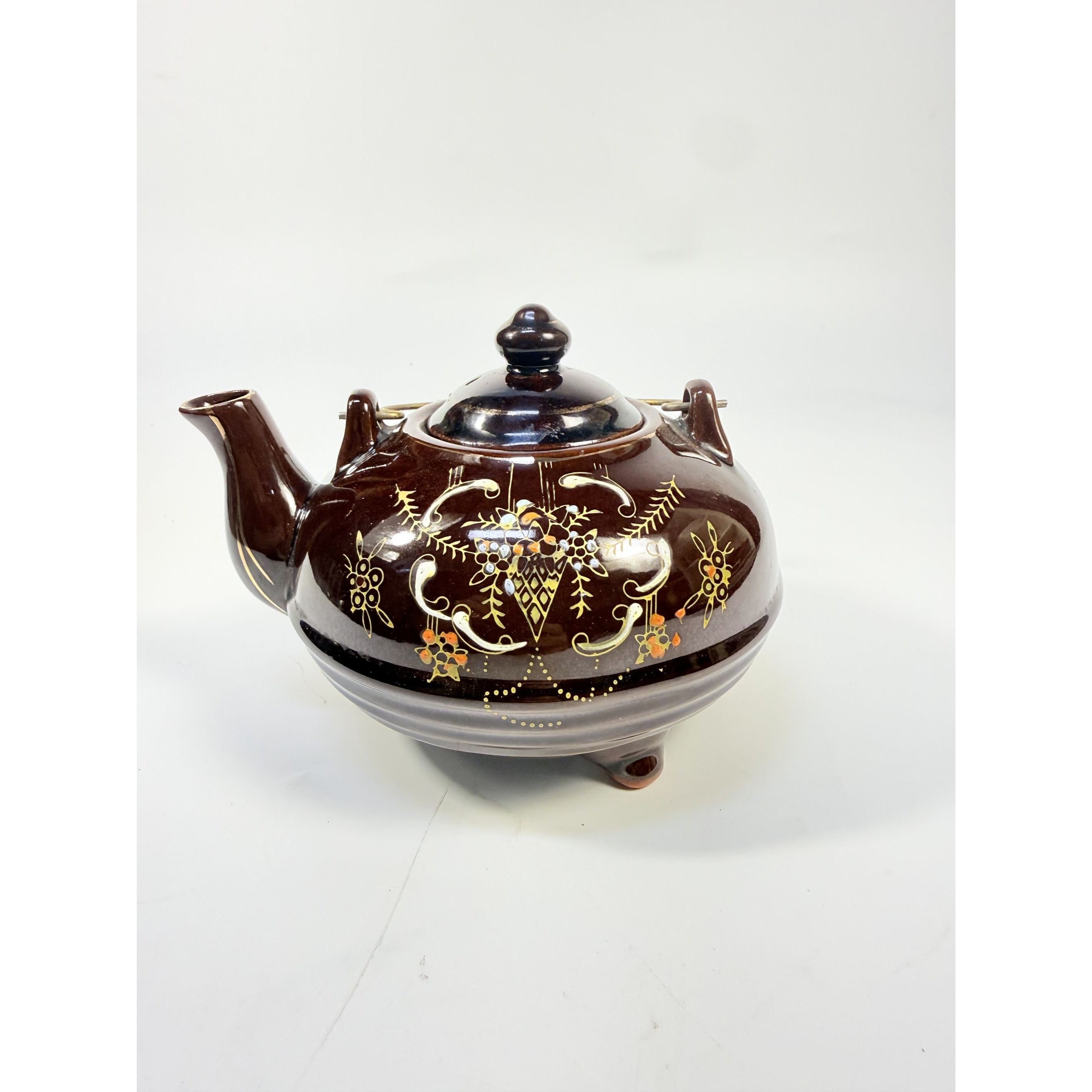 Pottery Tea Pot Metal Wire Handle Redware Japan Moriage Hand painted Brown Betty Footed Floral Collectible Kitchenware Granny Cottage Core
