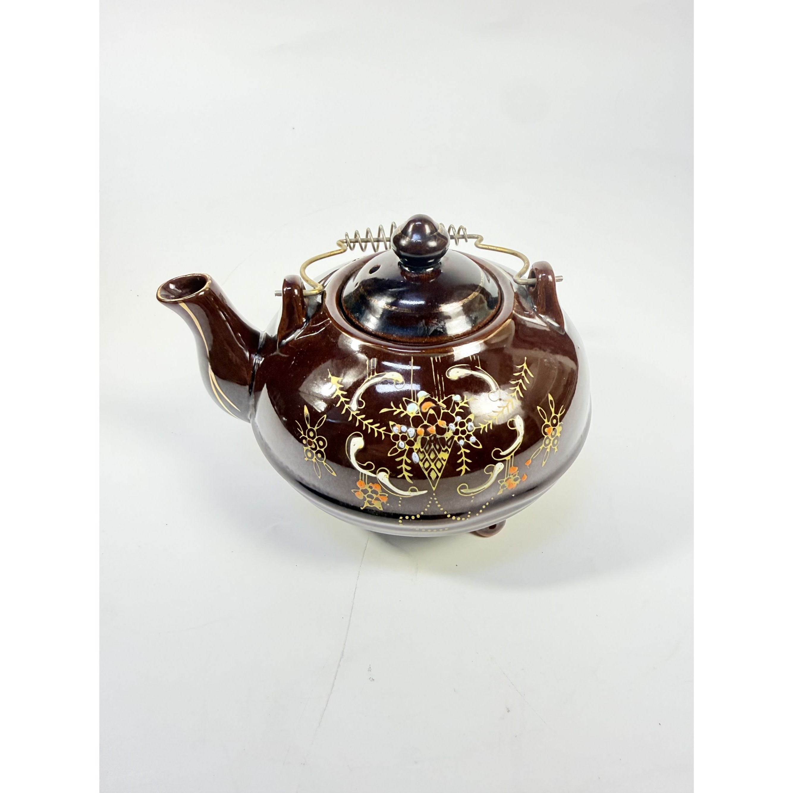 Pottery Tea Pot Metal Wire Handle Redware Japan Moriage Hand painted Brown Betty Footed Floral Collectible Kitchenware Granny Cottage Core