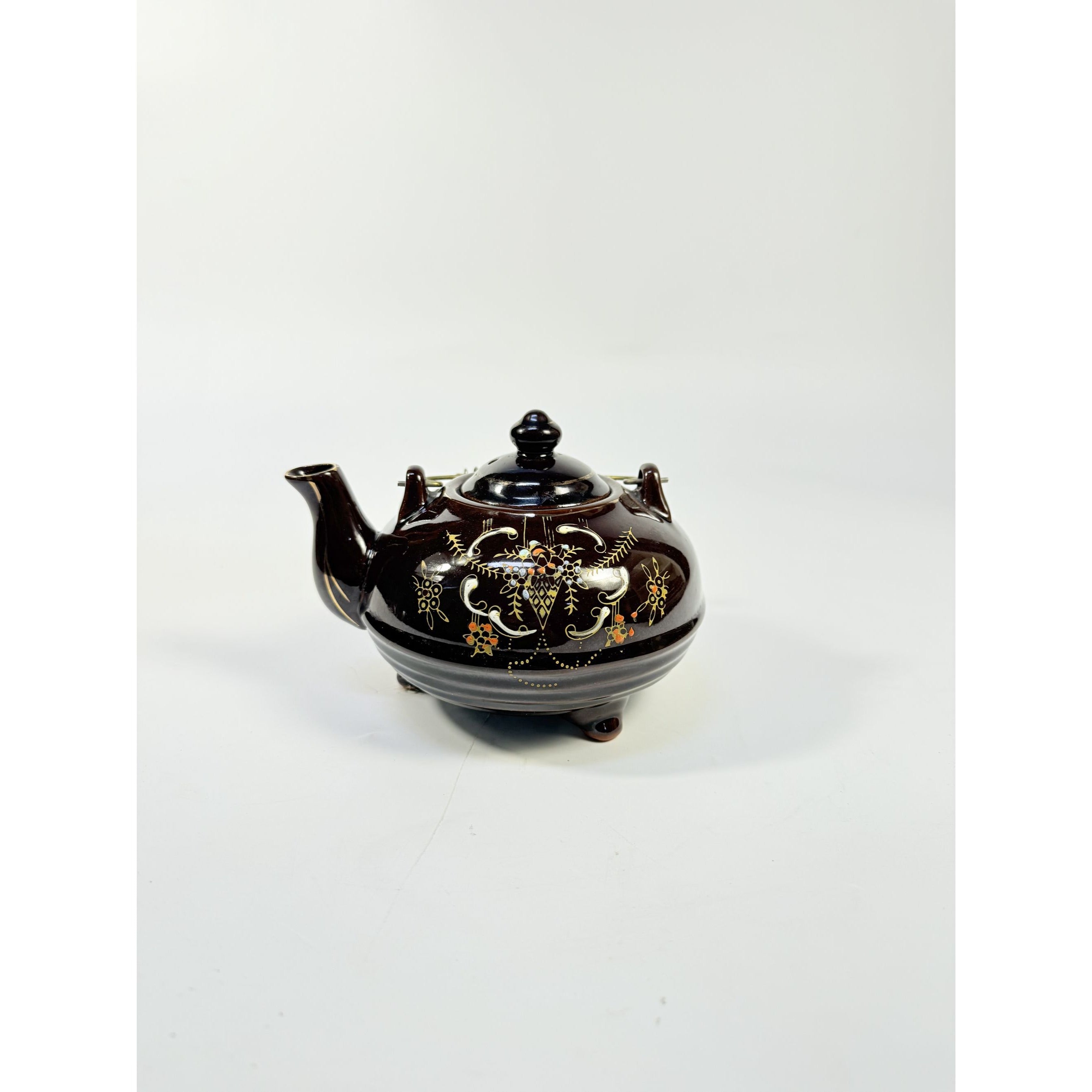 Pottery Tea Pot Metal Wire Handle Redware Japan Moriage Hand painted Brown Betty Footed Floral Collectible Kitchenware Granny Cottage Core