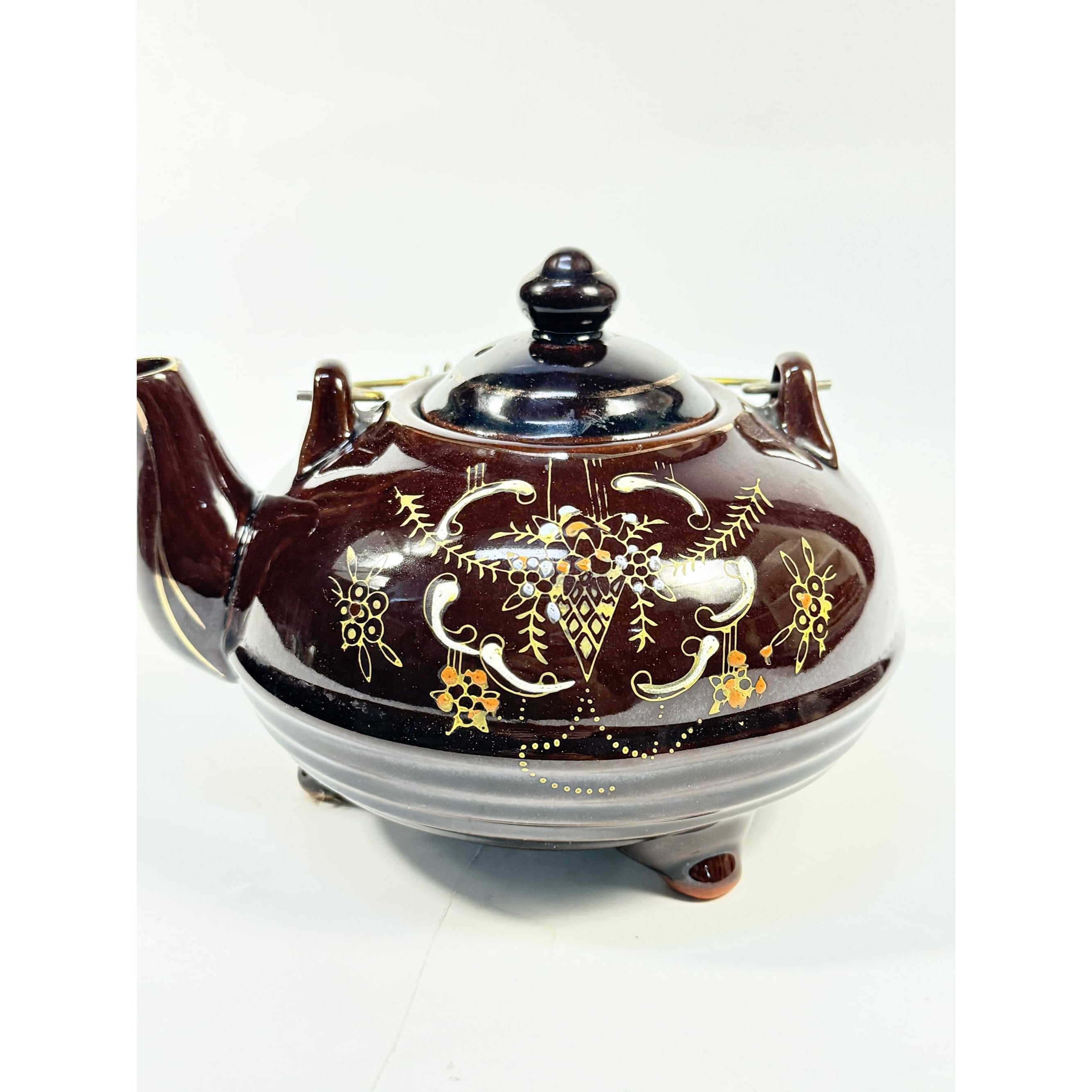 Pottery Tea Pot Metal Wire Handle Redware Japan Moriage Hand painted Brown Betty Footed Floral Collectible Kitchenware Granny Cottage Core