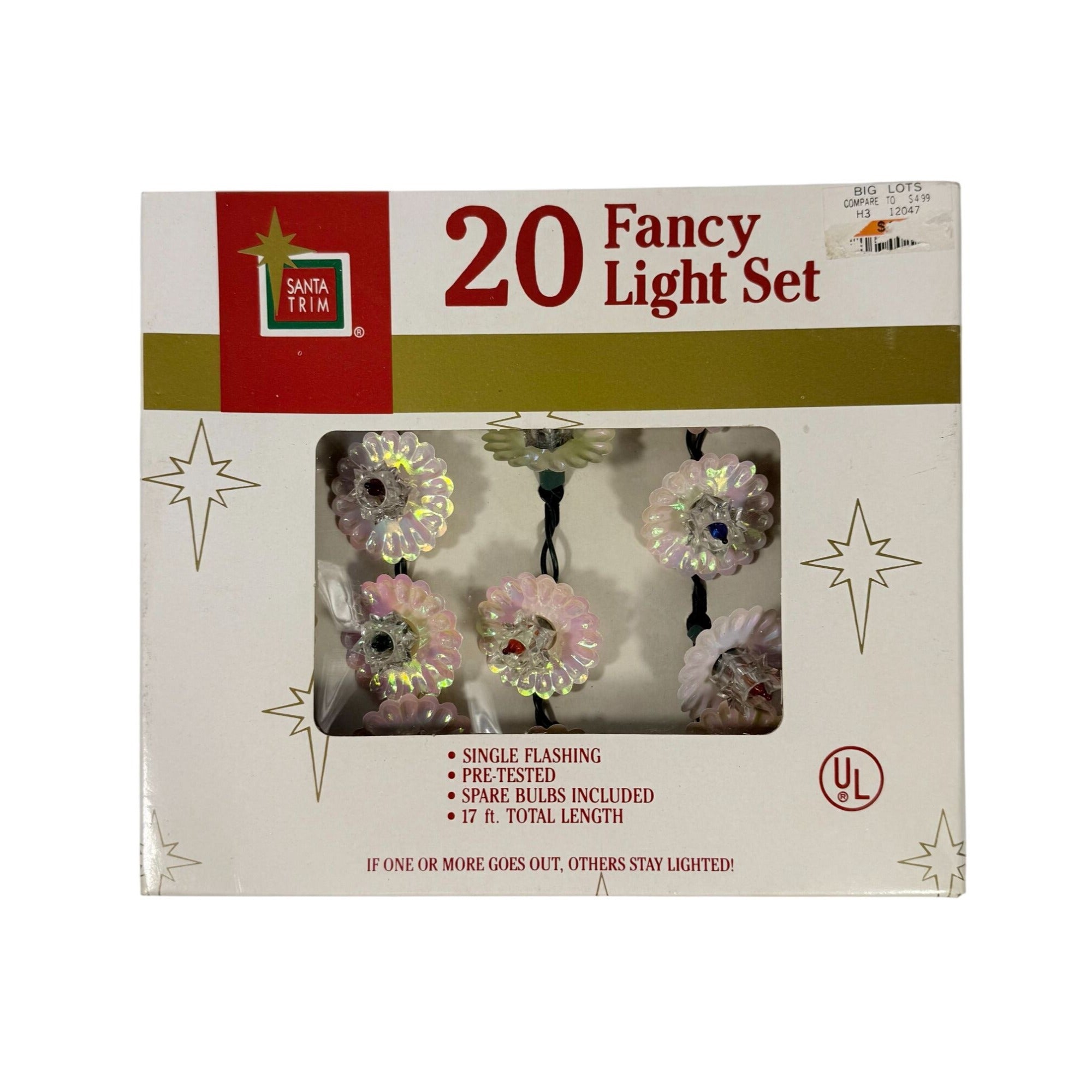 Christmas Tree Lights Vintage Santa Trim 20 Fancy Light Set Iridescent Flowers 17’ Original Box Works Lighting Garland String Colored Flower