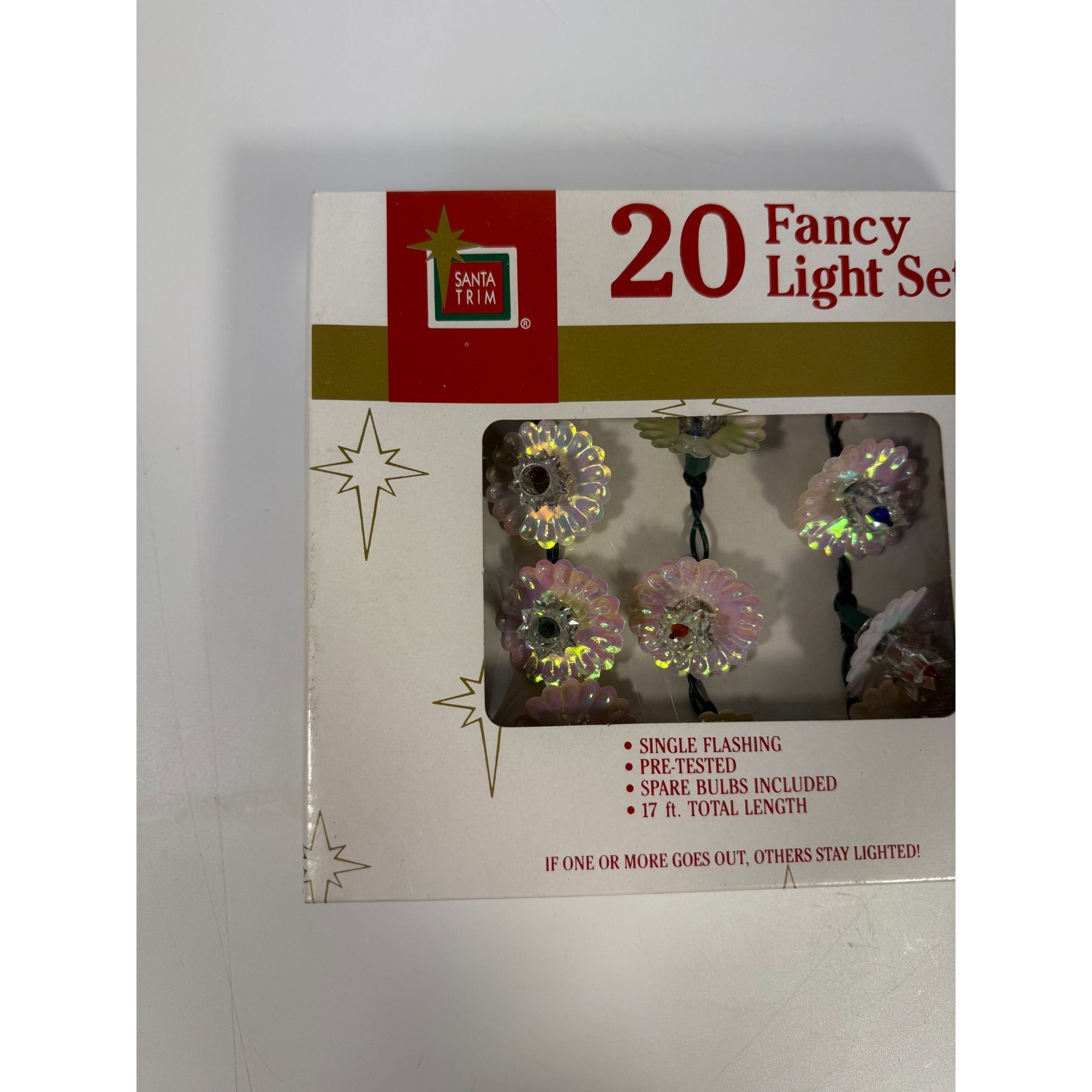 Christmas Tree Lights Vintage Santa Trim 20 Fancy Light Set Iridescent Flowers 17’ Original Box Works Lighting Garland String Colored Flower
