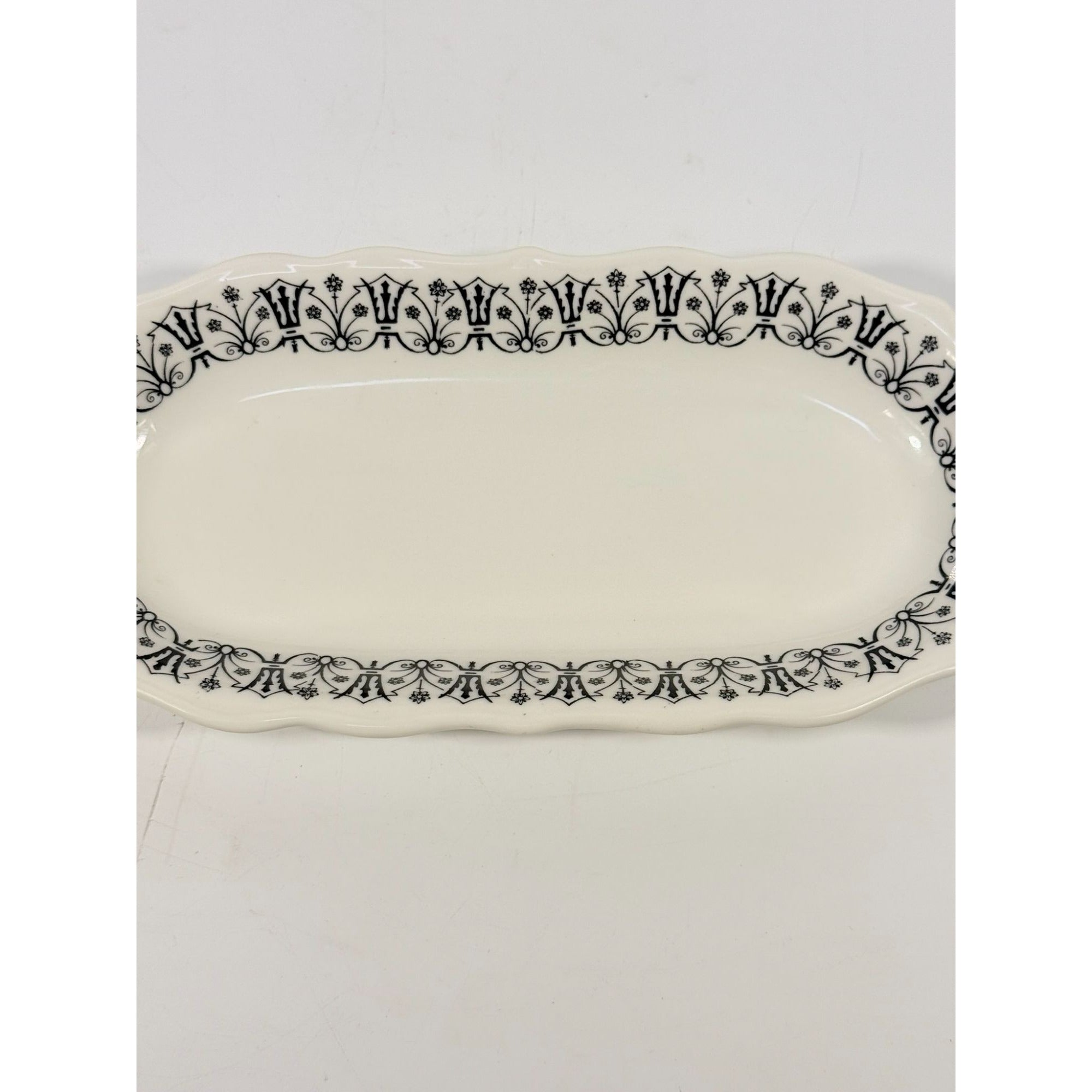 Stoneware Relish Dish Platter Plate Restaurant ware Syracuse Pottery 93-C Black and White Art Deco Oblong Replacement China Scroll Edge