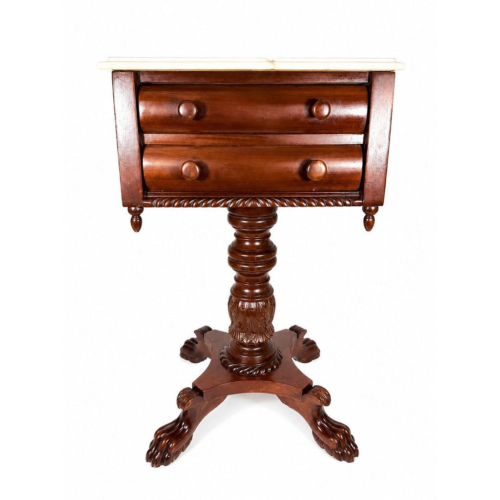Console End Table Victorian Empire Mahogany White Marble Top 2 Drawer Claw feet Carved Pedestal Base Antique Federal Furniture