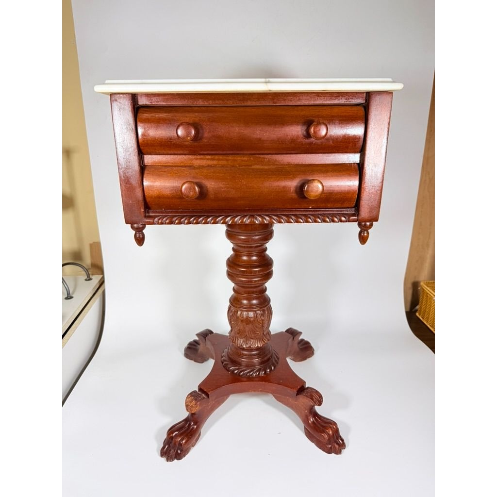 Console End Table Victorian Empire Mahogany White Marble Top 2 Drawer Claw feet Carved Pedestal Base Antique Federal Furniture