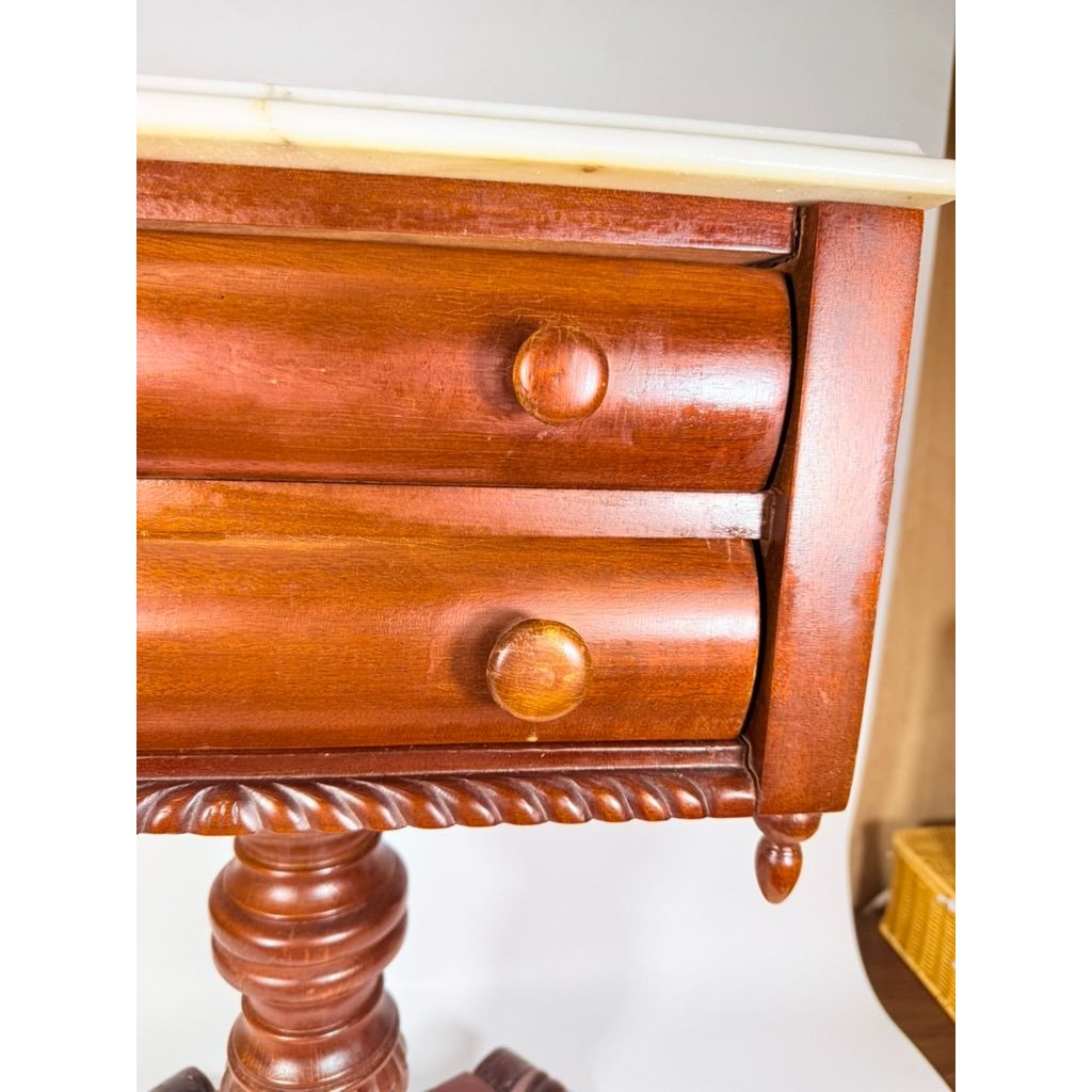 Console End Table Victorian Empire Mahogany White Marble Top 2 Drawer Claw feet Carved Pedestal Base Antique Federal Furniture