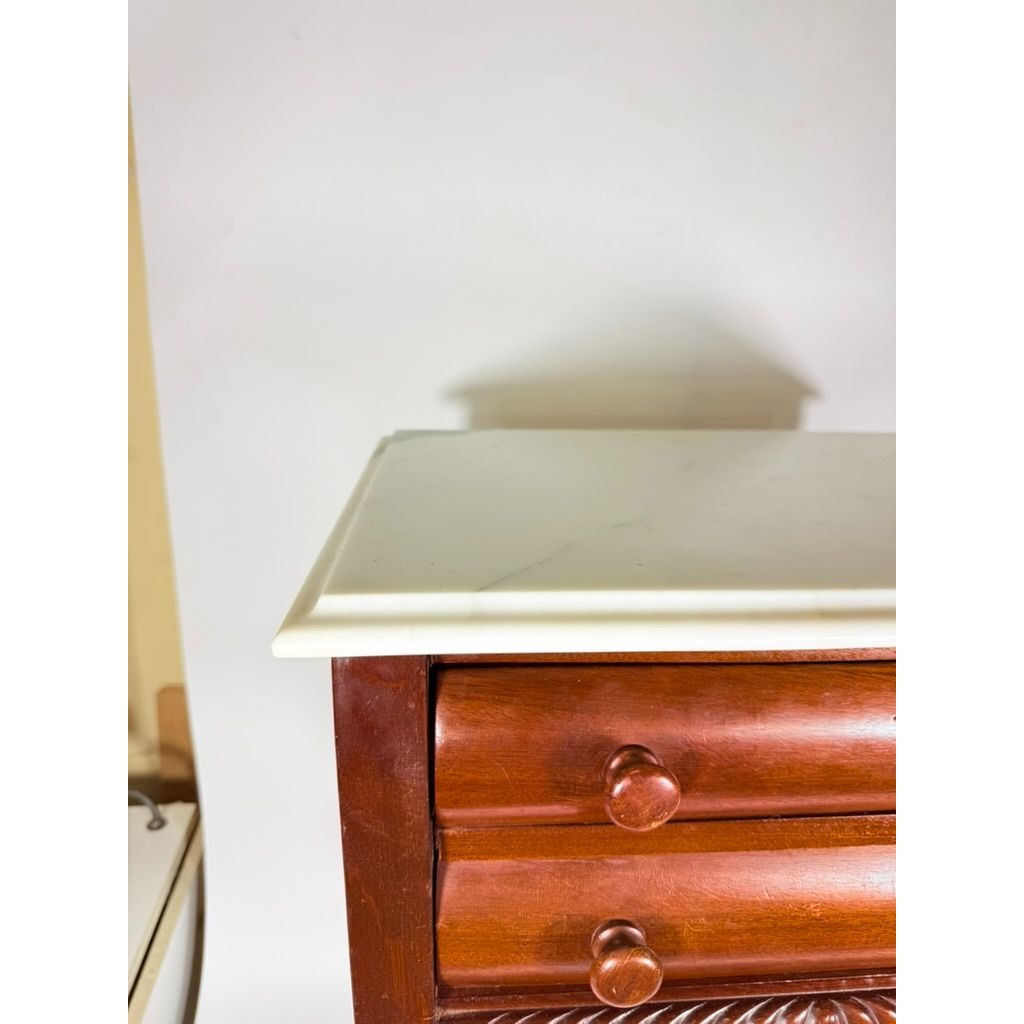 Console End Table Victorian Empire Mahogany White Marble Top 2 Drawer Claw feet Carved Pedestal Base Antique Federal Furniture
