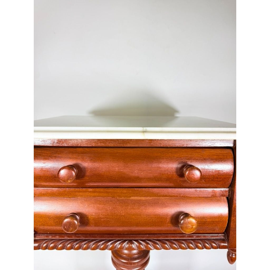 Console End Table Victorian Empire Mahogany White Marble Top 2 Drawer Claw feet Carved Pedestal Base Antique Federal Furniture