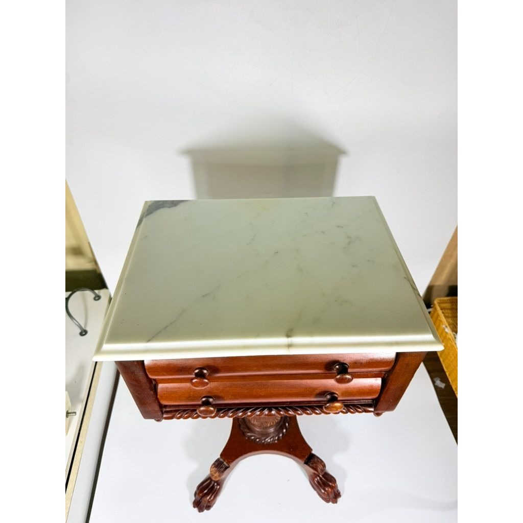 Console End Table Victorian Empire Mahogany White Marble Top 2 Drawer Claw feet Carved Pedestal Base Antique Federal Furniture