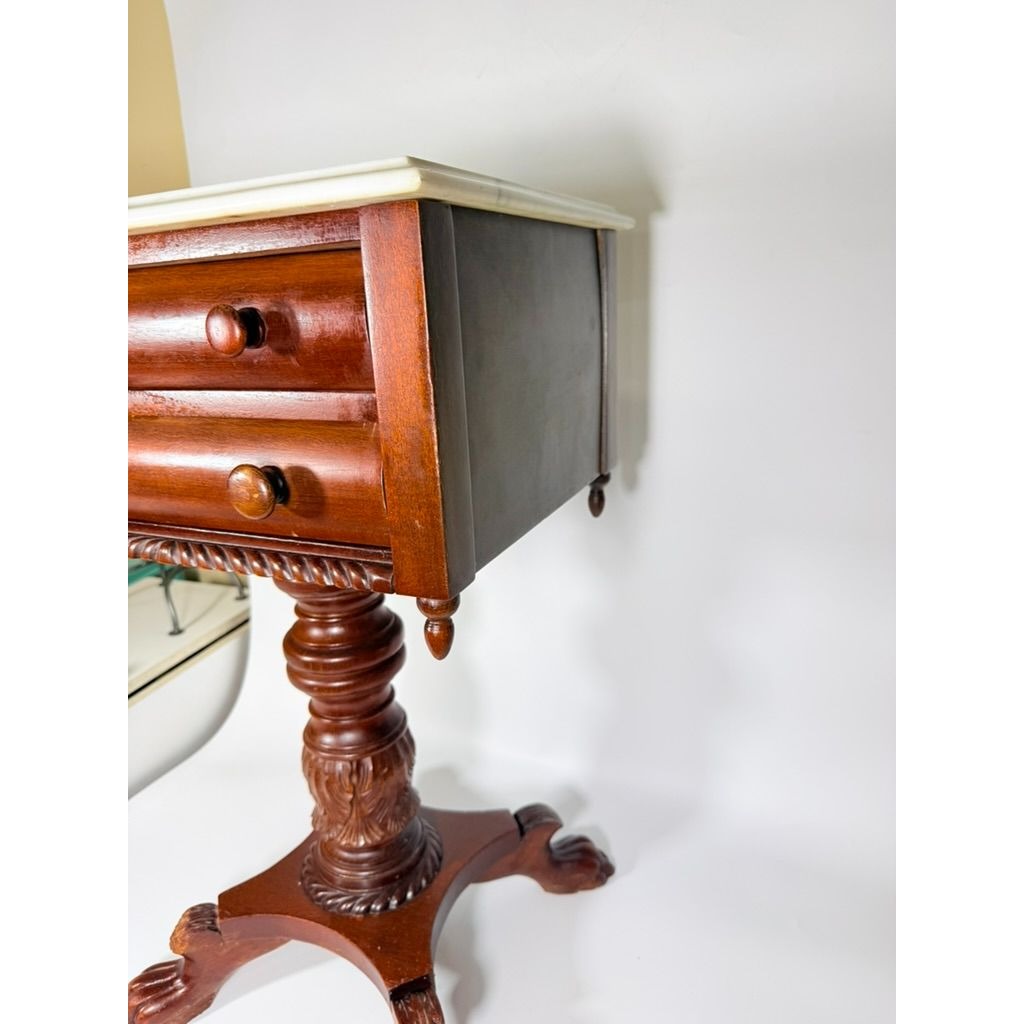 Console End Table Victorian Empire Mahogany White Marble Top 2 Drawer Claw feet Carved Pedestal Base Antique Federal Furniture