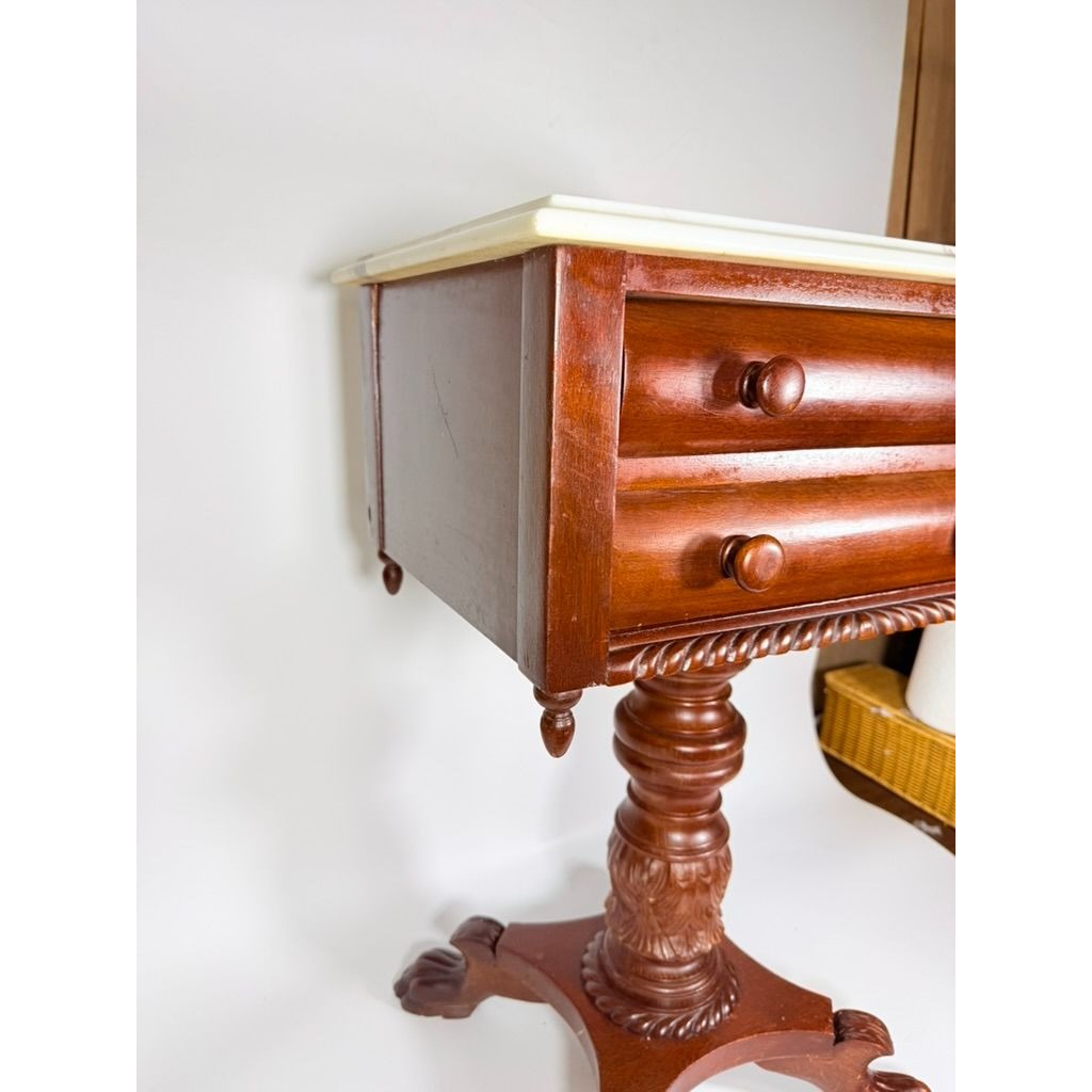 Console End Table Victorian Empire Mahogany White Marble Top 2 Drawer Claw feet Carved Pedestal Base Antique Federal Furniture