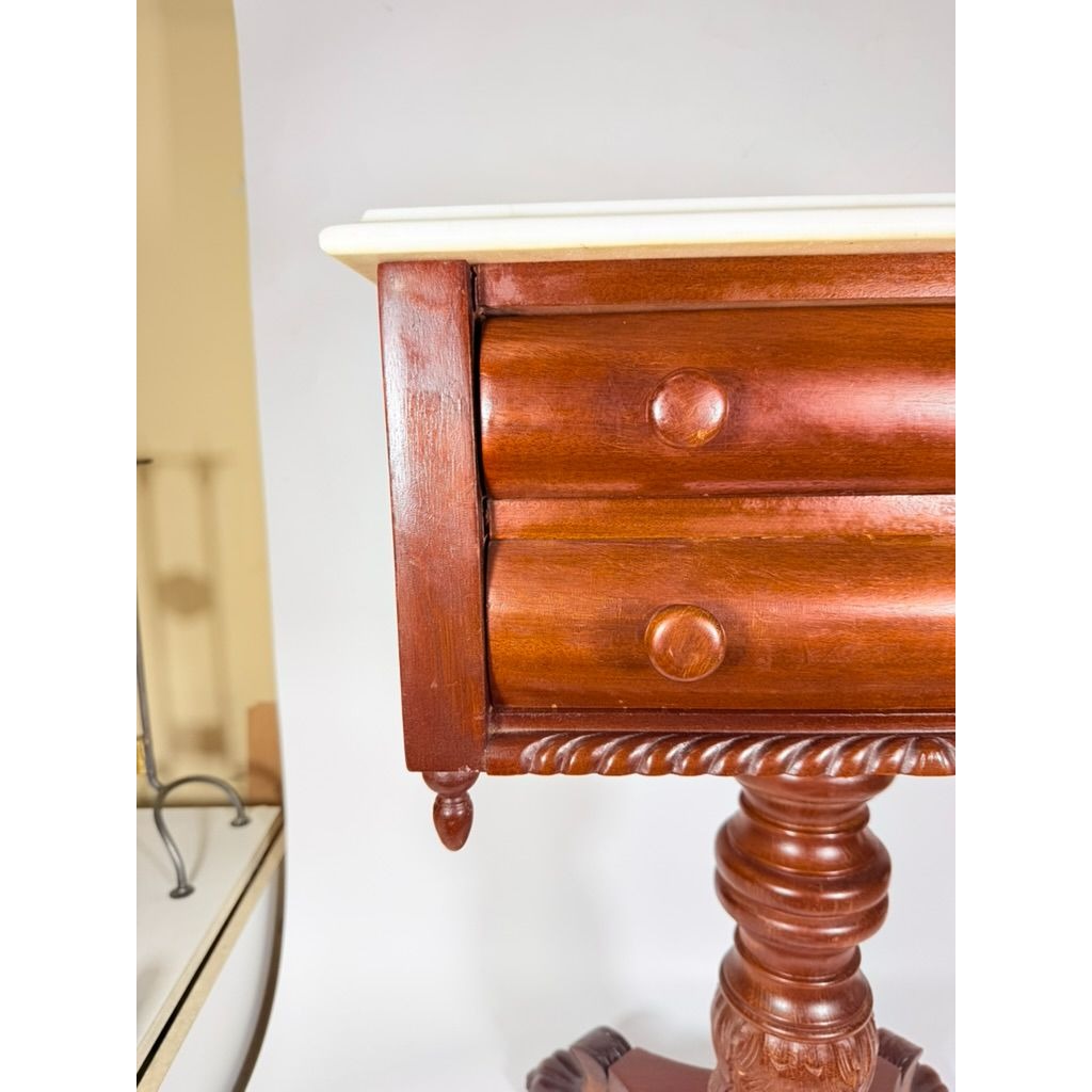 Console End Table Victorian Empire Mahogany White Marble Top 2 Drawer Claw feet Carved Pedestal Base Antique Federal Furniture