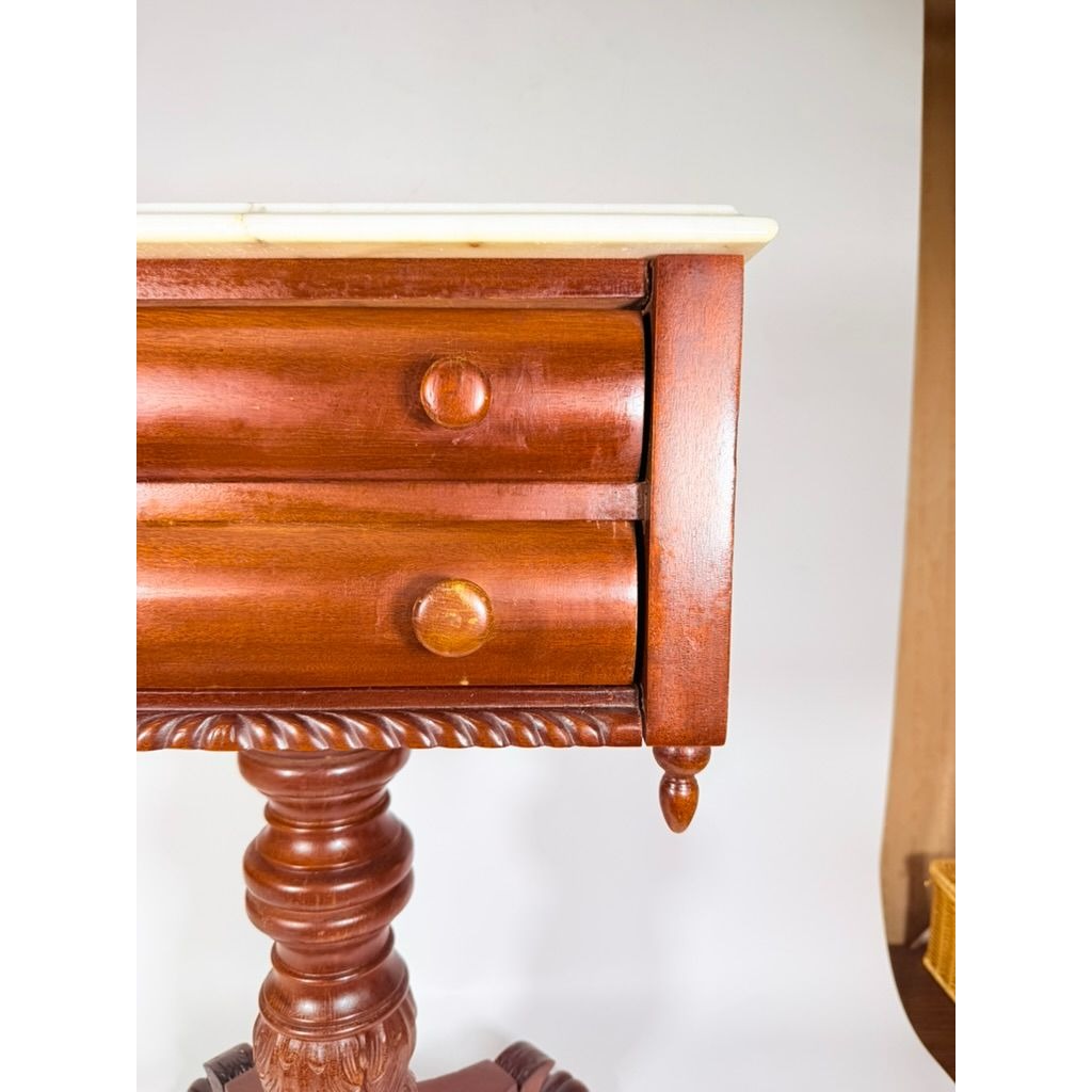 Console End Table Victorian Empire Mahogany White Marble Top 2 Drawer Claw feet Carved Pedestal Base Antique Federal Furniture