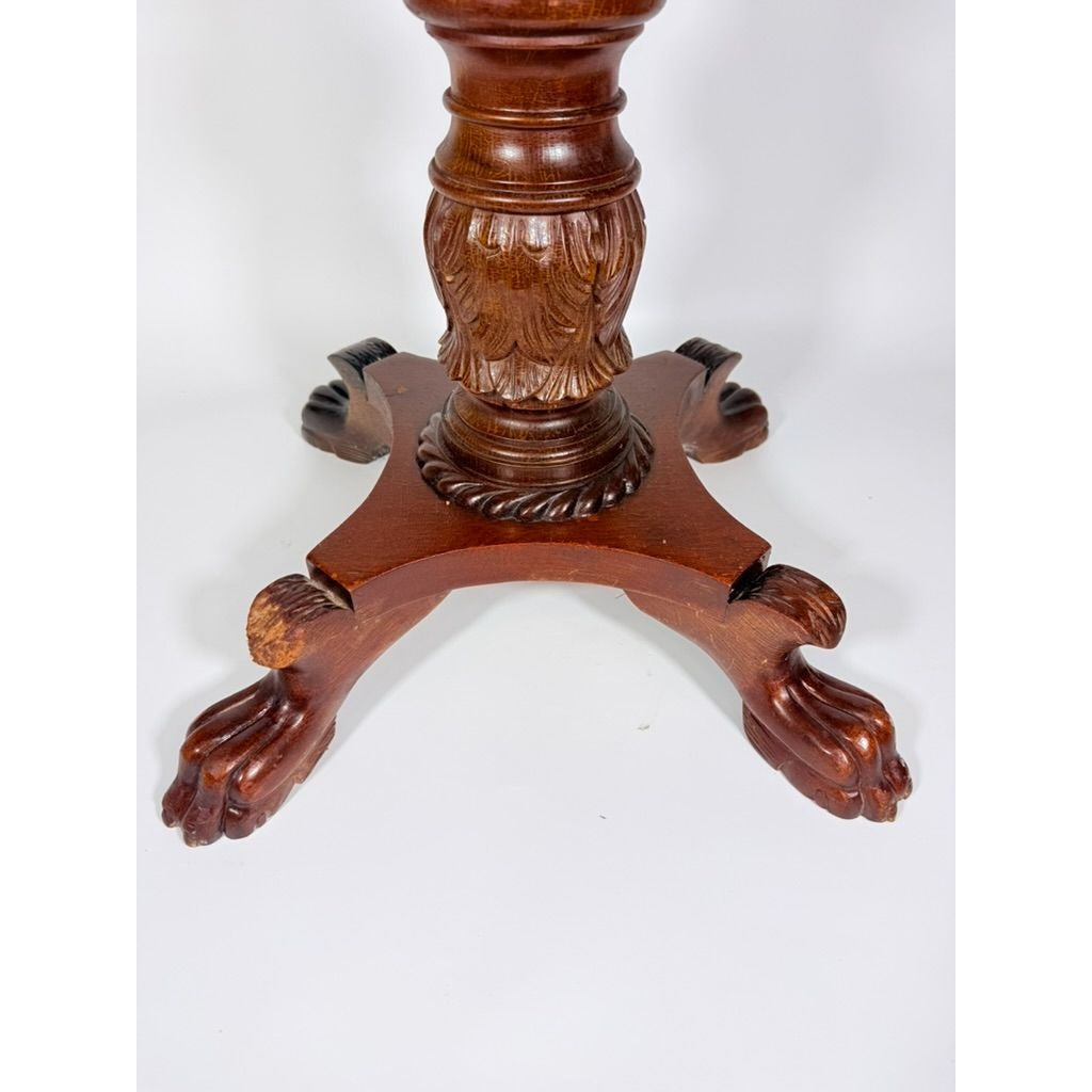 Console End Table Victorian Empire Mahogany White Marble Top 2 Drawer Claw feet Carved Pedestal Base Antique Federal Furniture