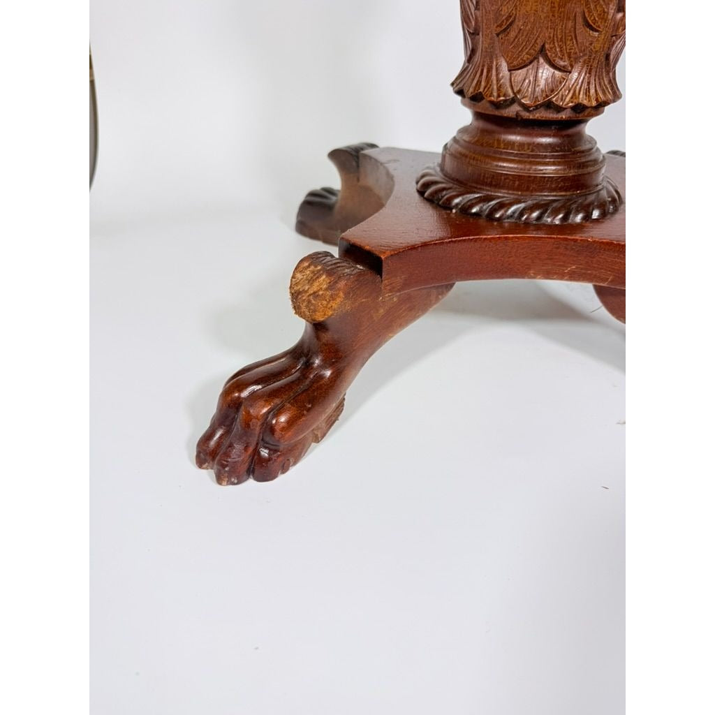Console End Table Victorian Empire Mahogany White Marble Top 2 Drawer Claw feet Carved Pedestal Base Antique Federal Furniture