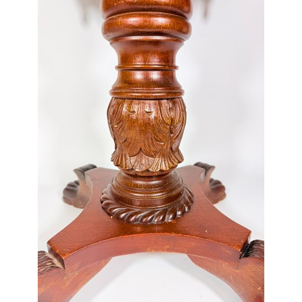 Console End Table Victorian Empire Mahogany White Marble Top 2 Drawer Claw feet Carved Pedestal Base Antique Federal Furniture